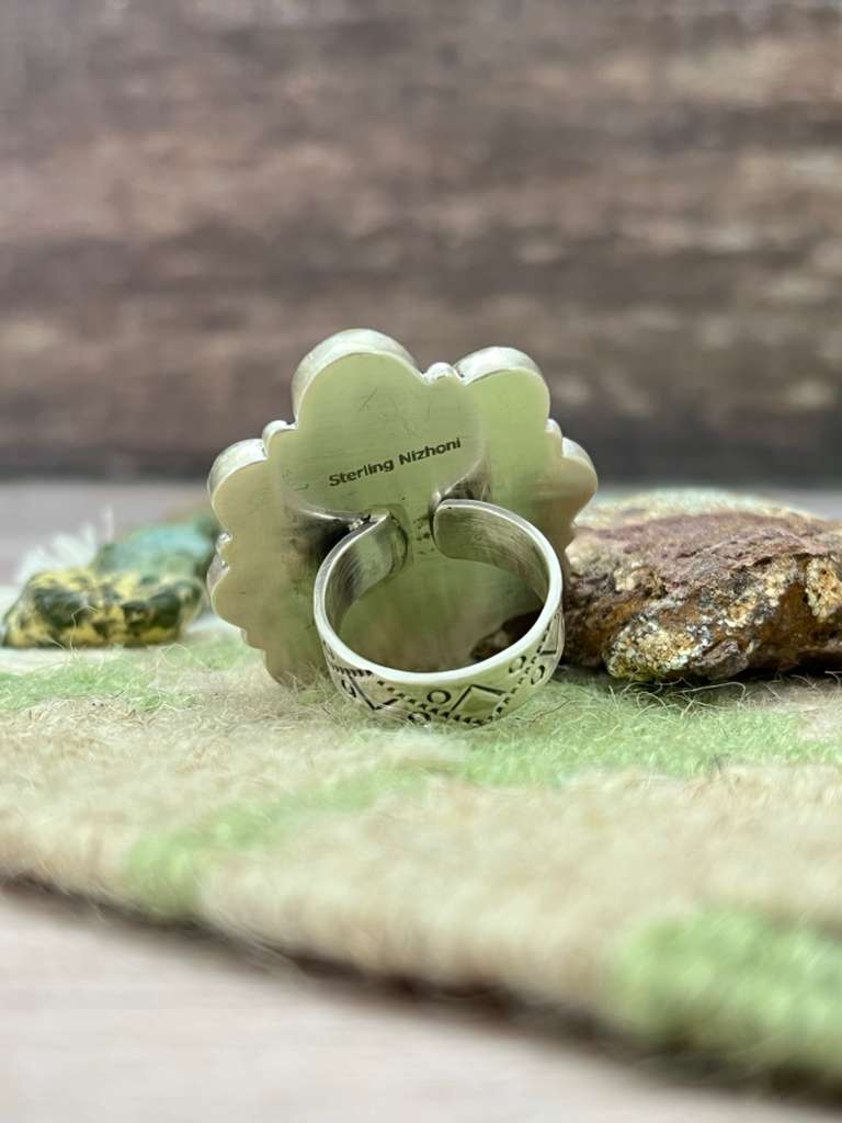 Handmade Sterling Silver Royston Ribbon Turquoise Adjustable Ring "Signed Nizhoni"