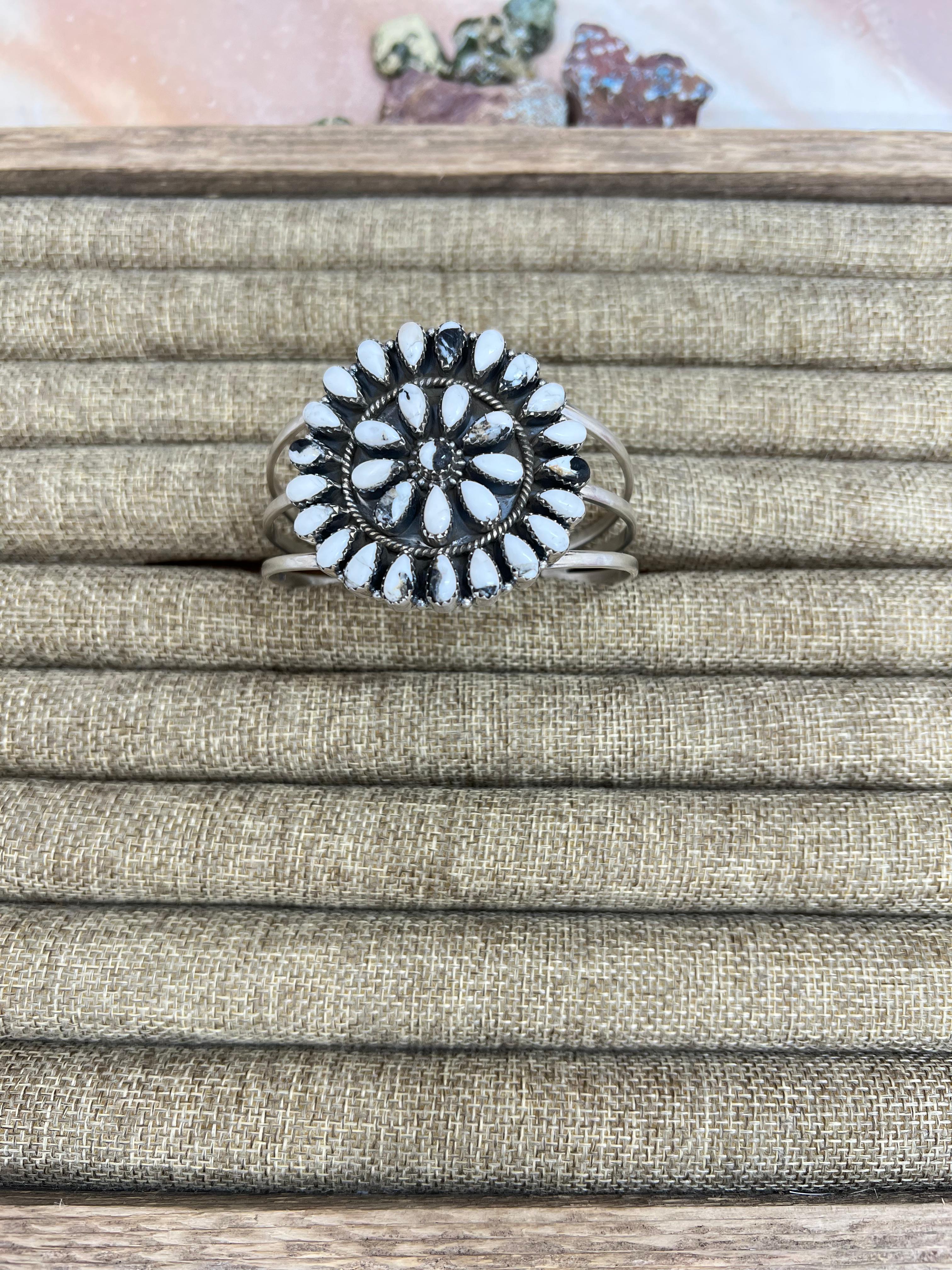 Handmade Sterling Silver White Buffalo Turquoise Cuff Bracelet with Signed Nizhoni