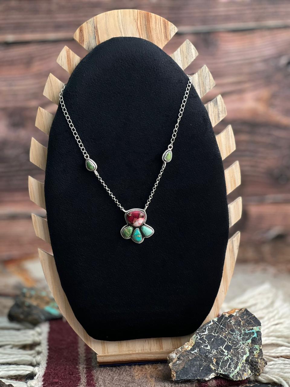 Handmade Sterling Silver Dahlia Rose with Emerald Valley Turquoise Necklace "Signed Nizhoni"