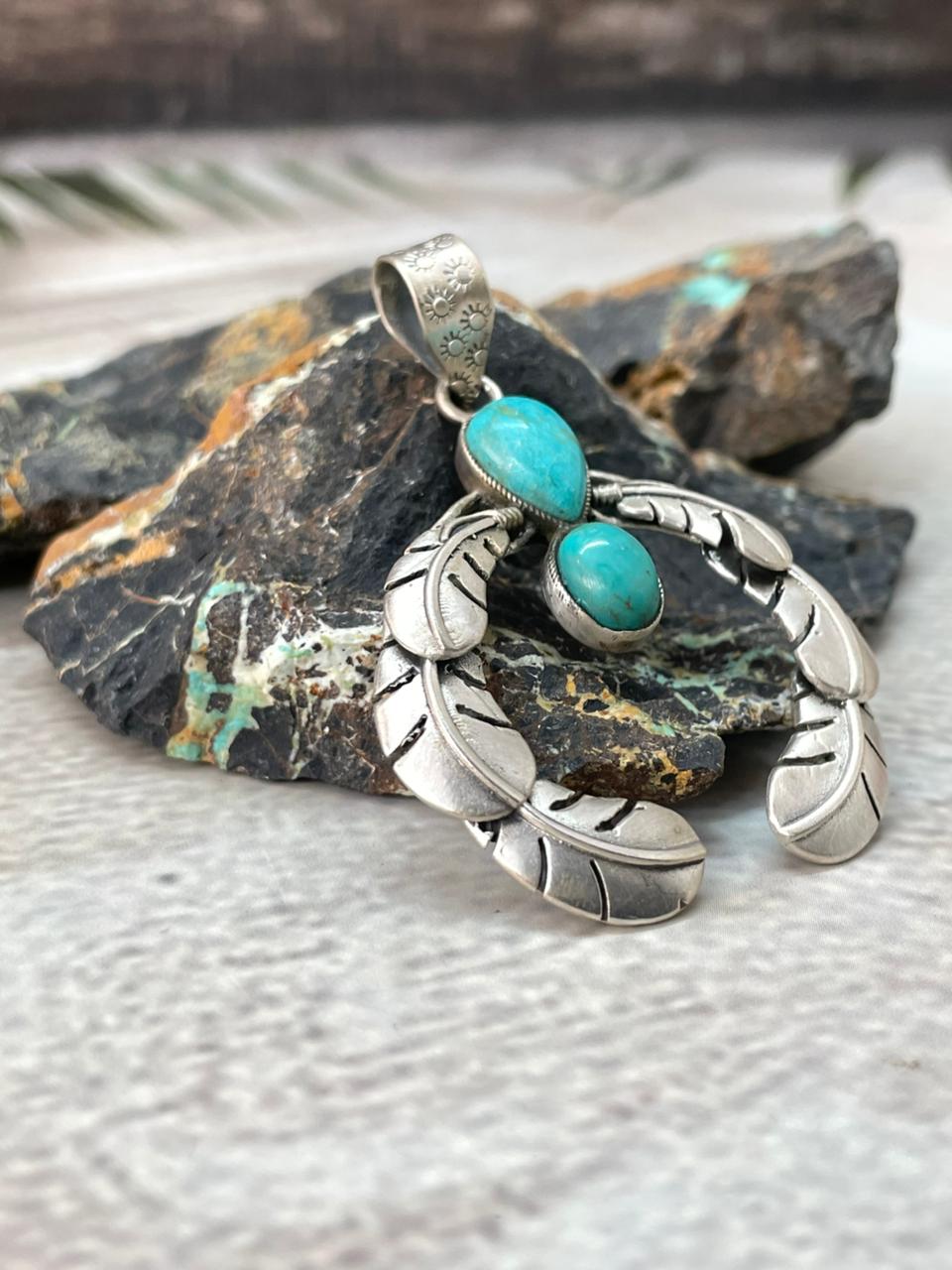 Handmade Sterling Silver Kingman Turquoise Naja Pendant "Signed Nizhoni"