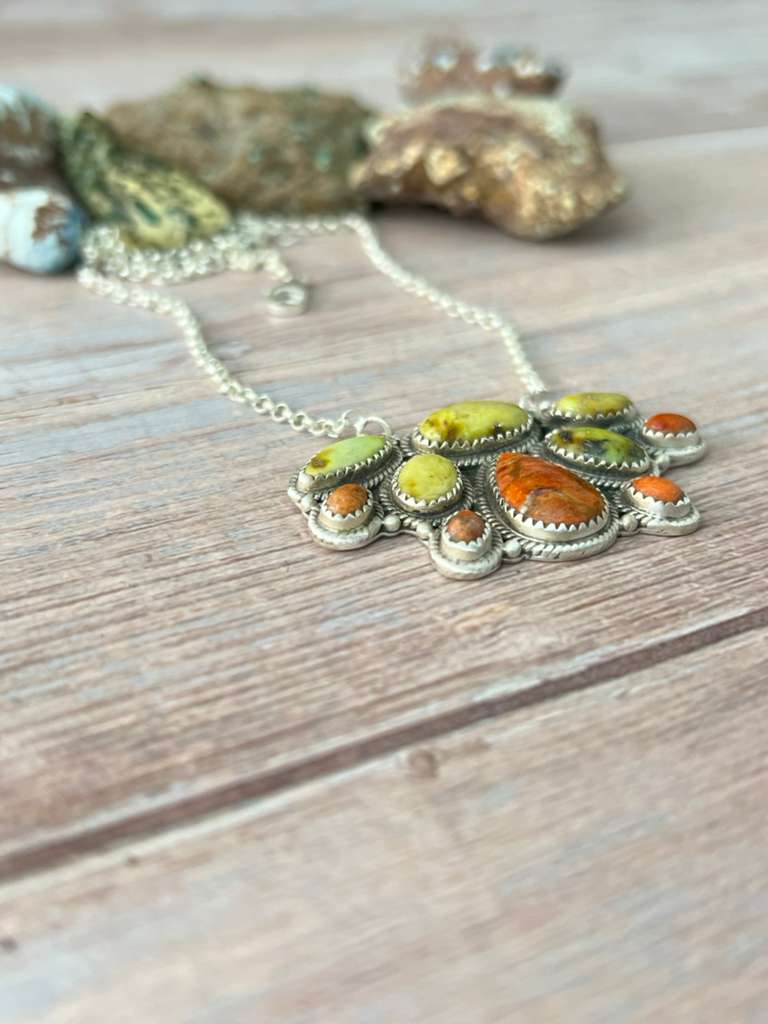 Handmade Sterling Silver Apple Coral and Palomino Necklace "Signed Nizhoni"