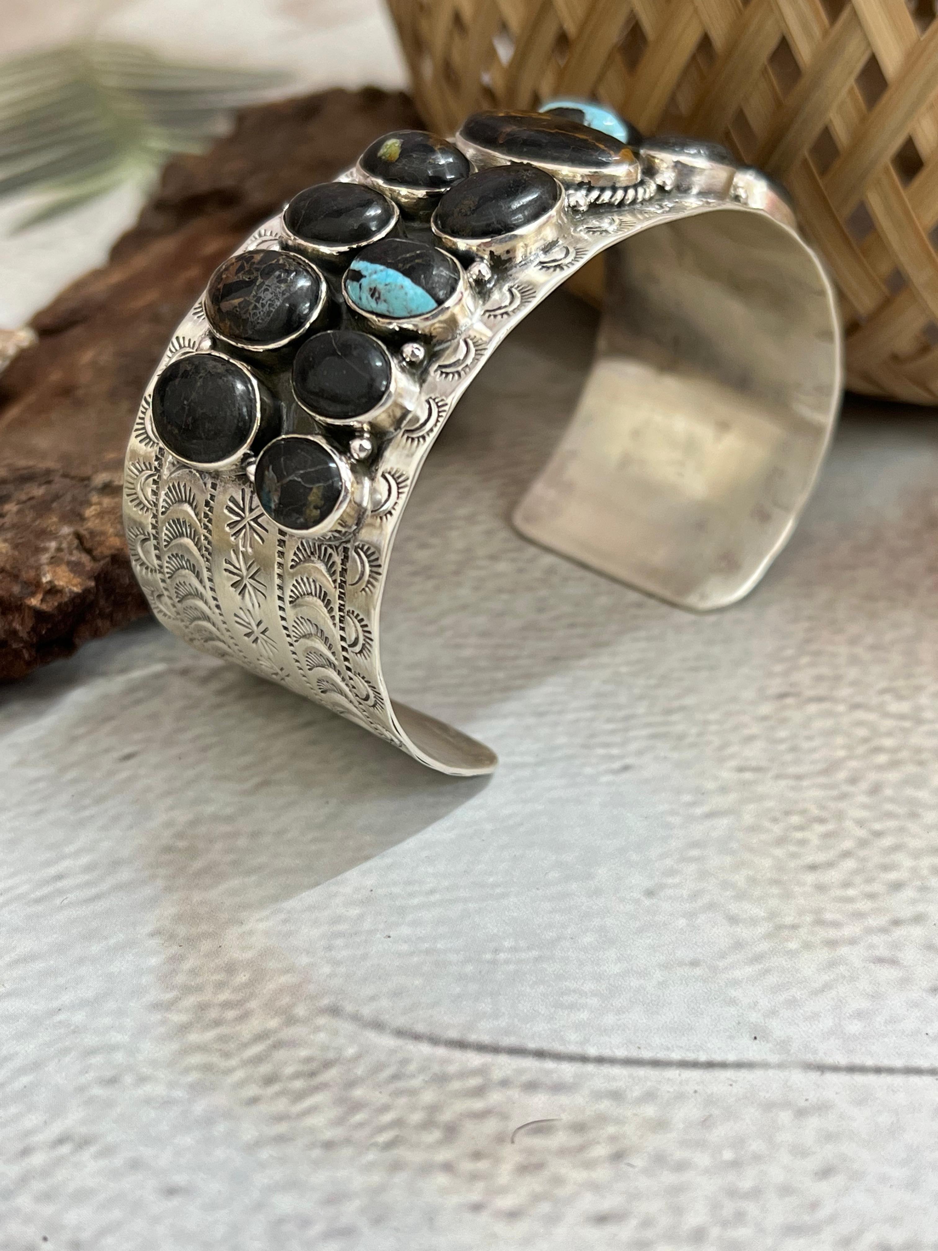 Handmade Sterling Silver Blackjack Turquoise Cuff Bracelet with Signed Nizhoni