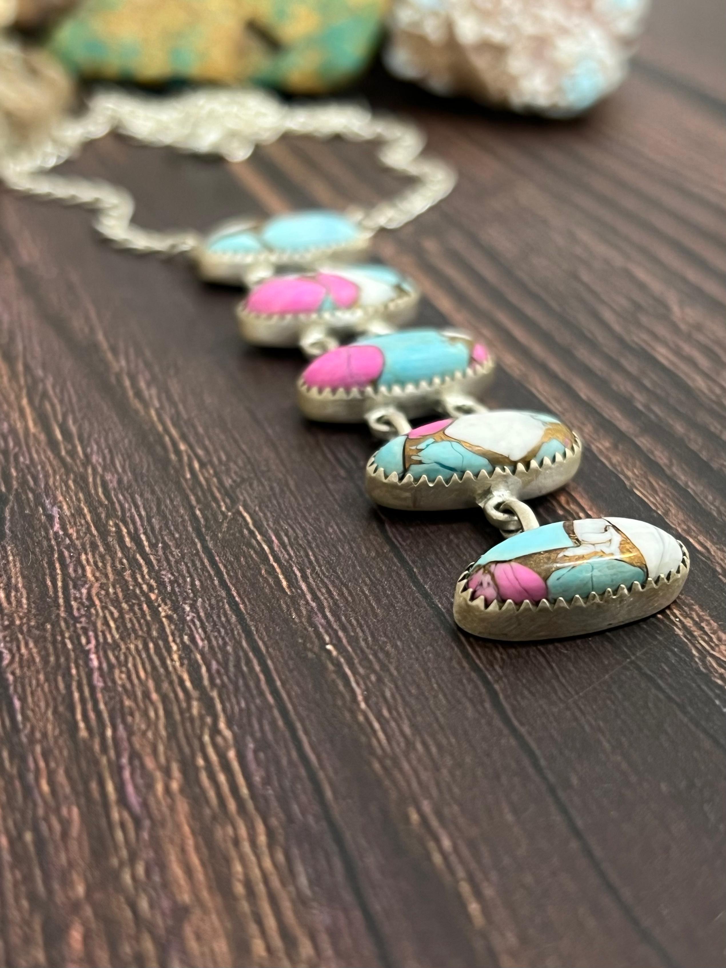 Handmade Sterling Silver Cotton Candy Turquoise Stairs Necklace with Signed Nizhoni (9)