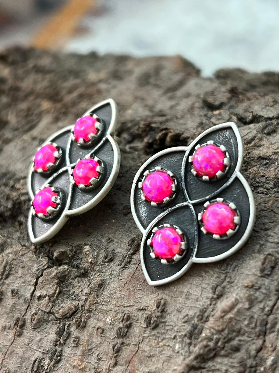 Handmade Sterling Silver Hot Pink Post Studs Earrings "Signed Nizhoni"