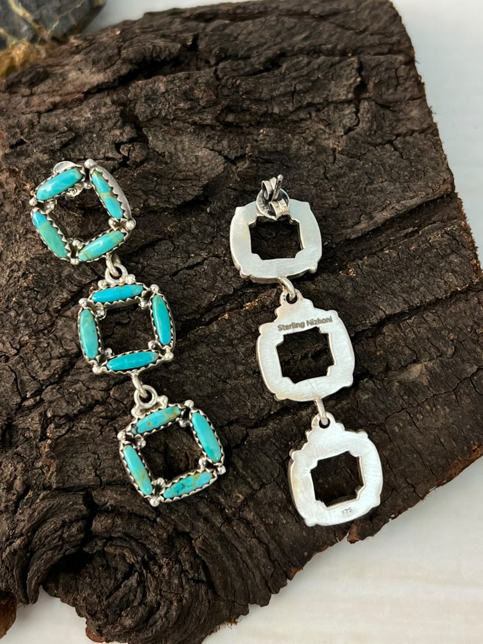 Handmade Sterling Silver Kingman Turquoise Post Dangle Earrings Signed Nizhoni