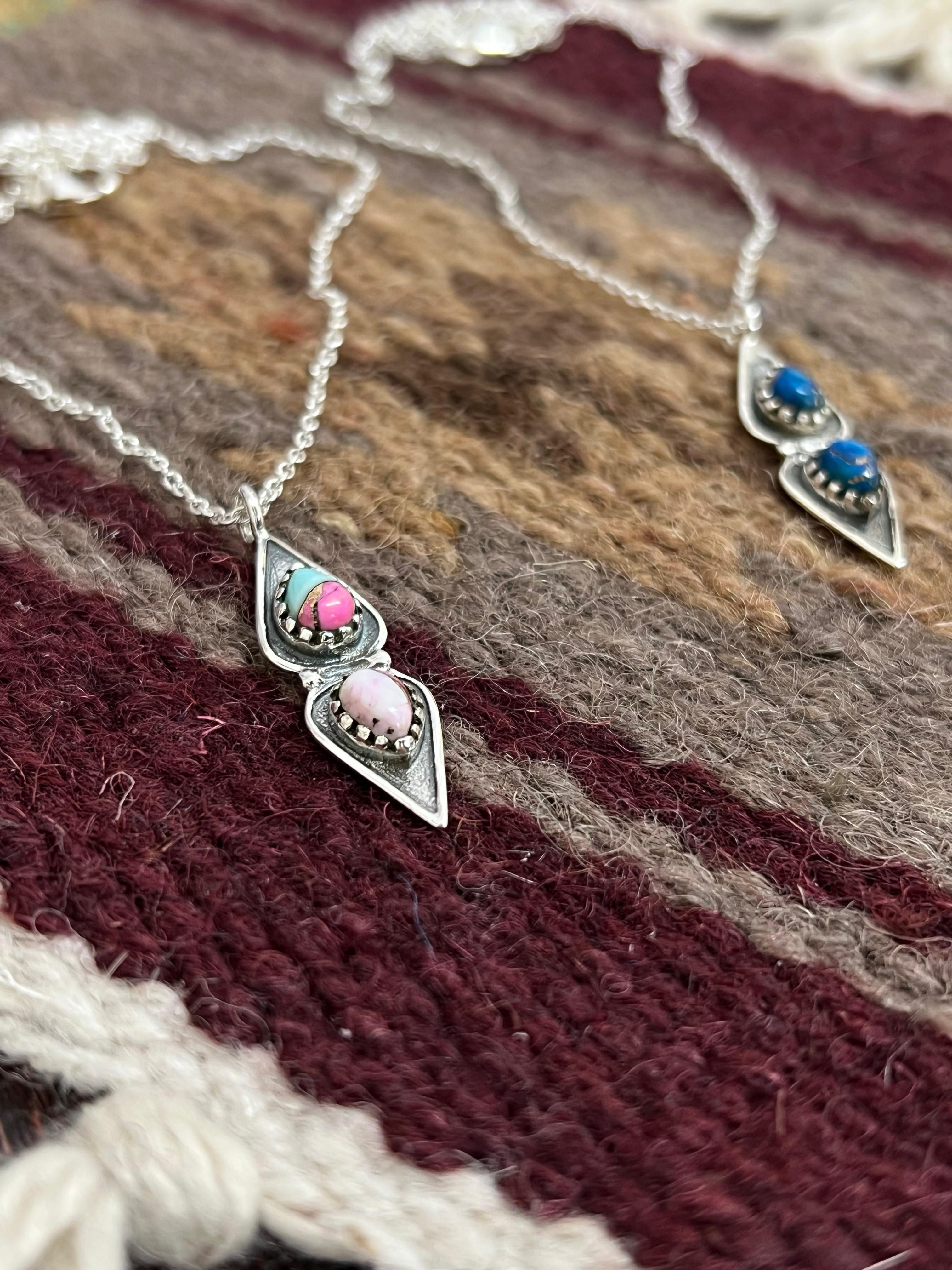 Handmade Sterling Silver Cotton Candy Peacock Dahlia Necklace, Signed Nizhoni