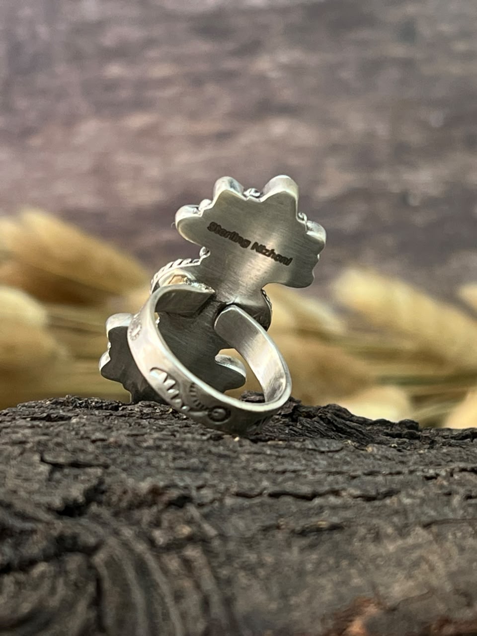 Handmade Sterling Silver Sonoran Mountain Turquoise with Bumblebee and White Buffalo Spring Collection: Adjustable Ring Signed Nizhoni