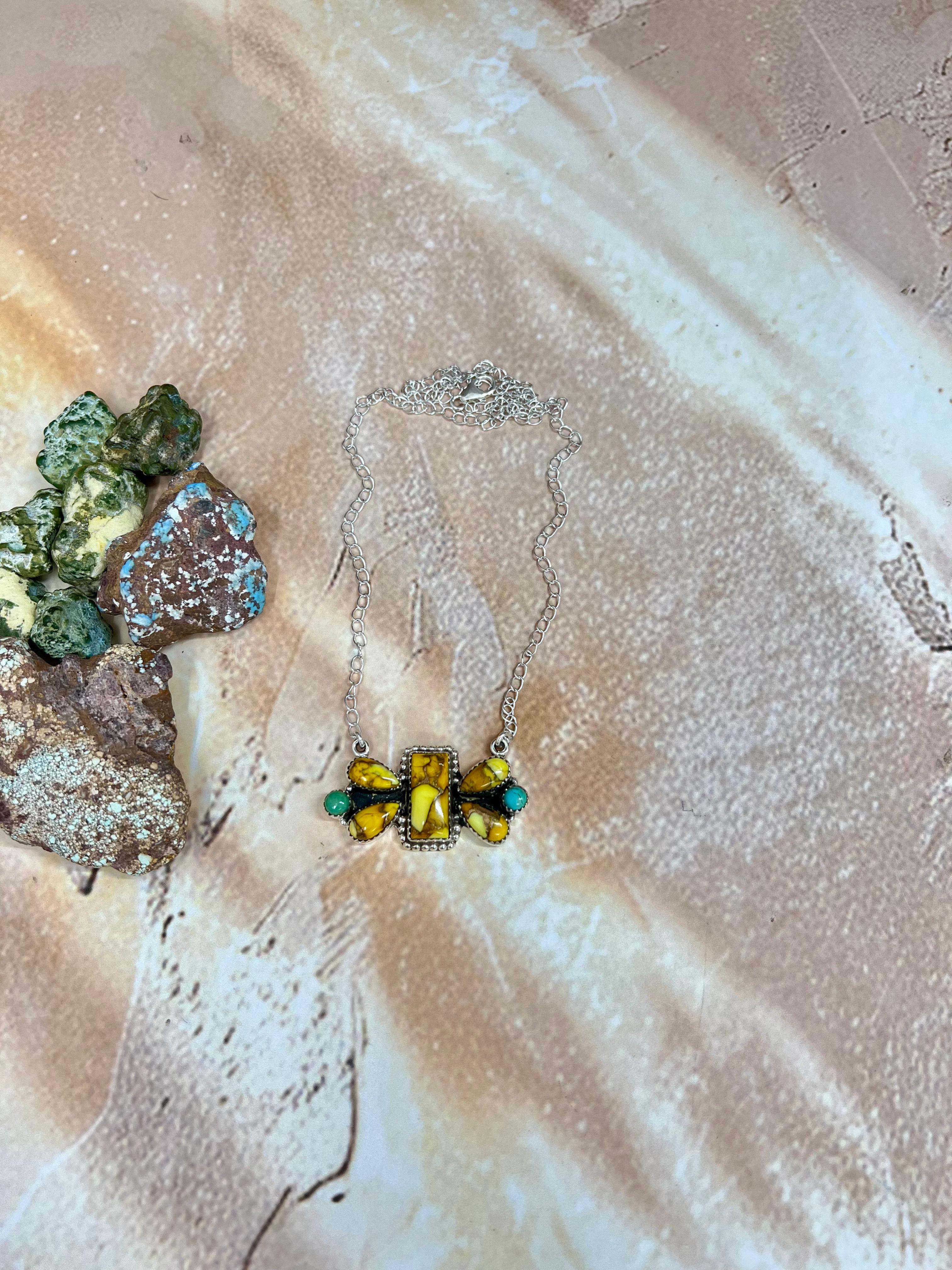 Handmade Sterling Silver Honey Dahlia with Kingman Turquoise Necklace, Signed Nizhoni