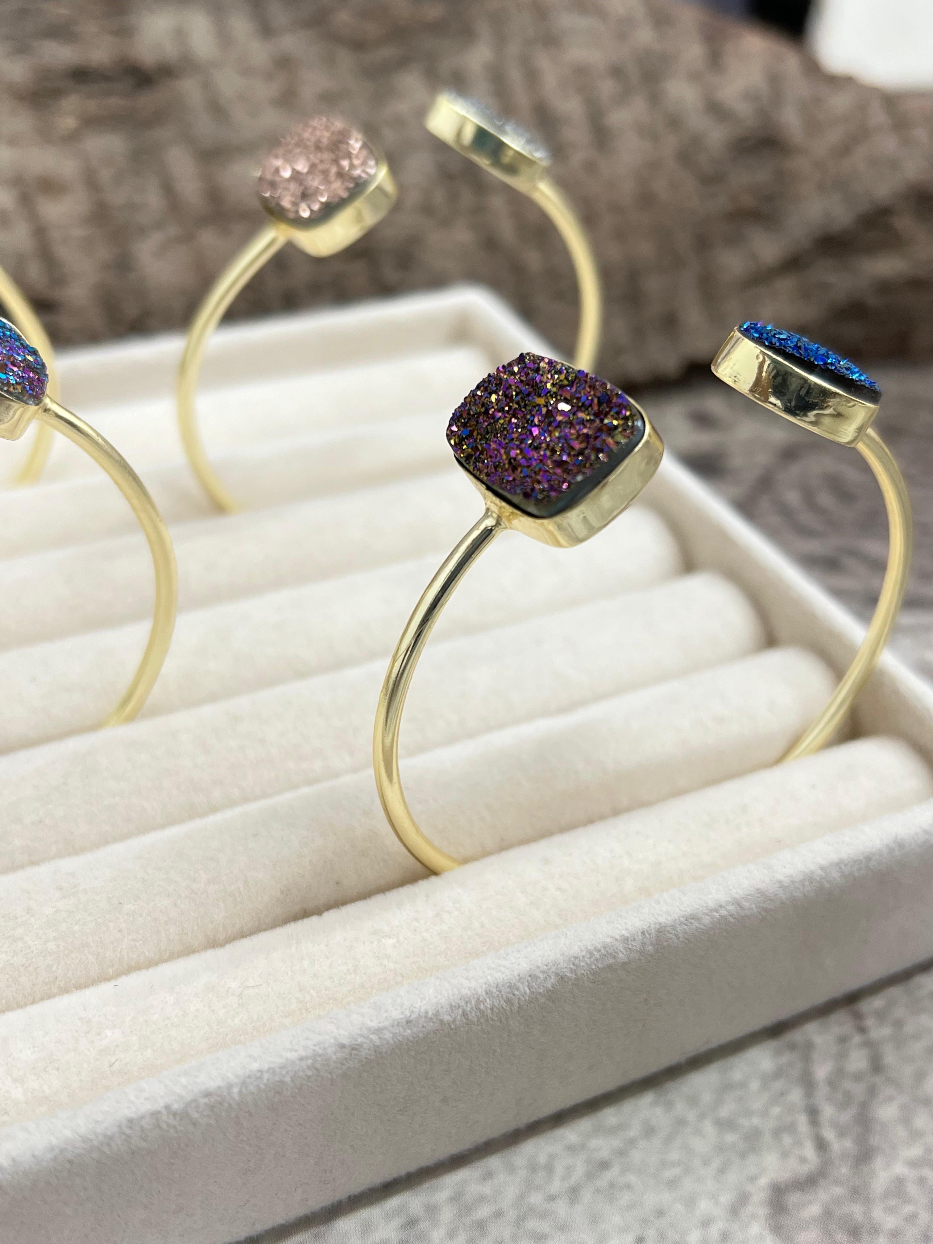 “The Boho Collection” Handmade Natural Gold Plated 2 Stone Druzy Cuff Bracelet