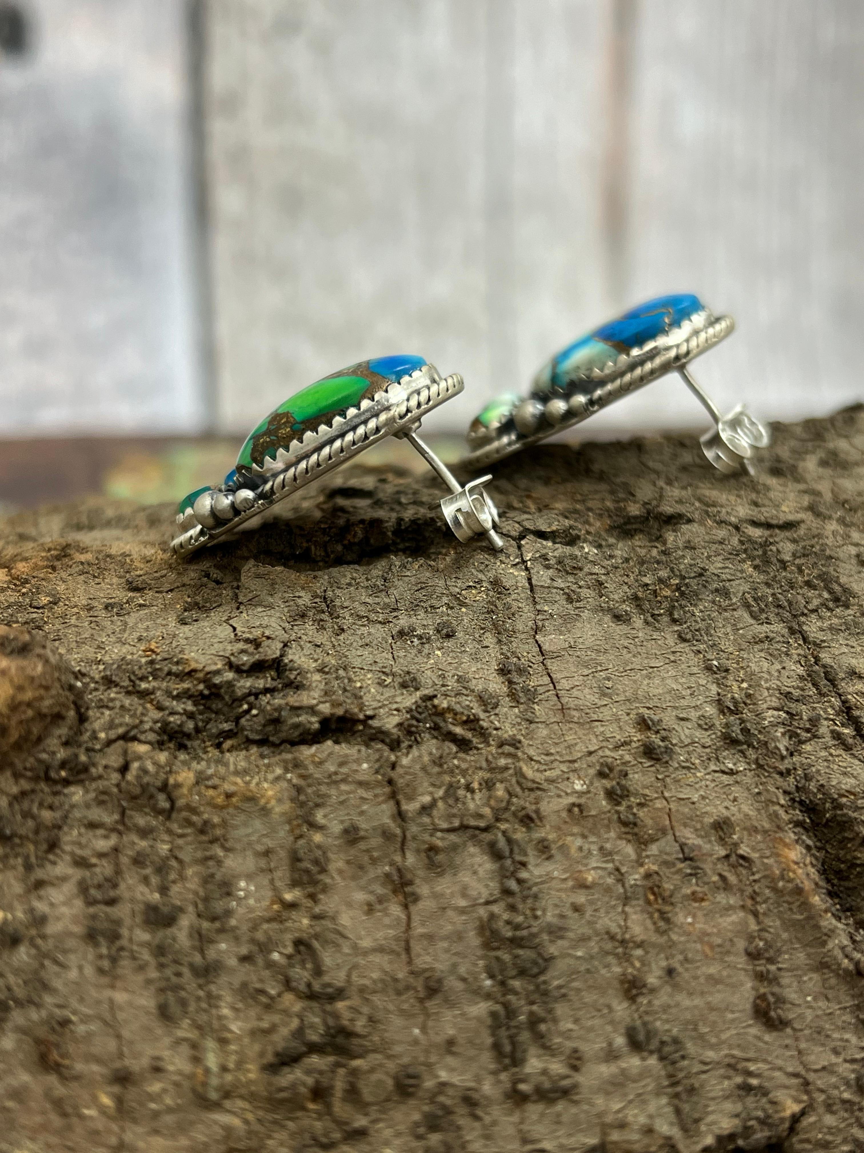 Handmade Sterling Silver Peacock Dahlia Post Earrings with Signed Nizhoni