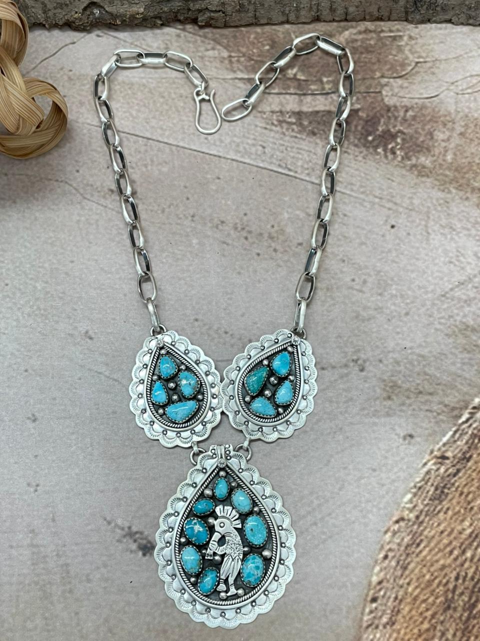 Handmade Sterling Silver White Wate Turquoise Necklace with Signed Nizhoni