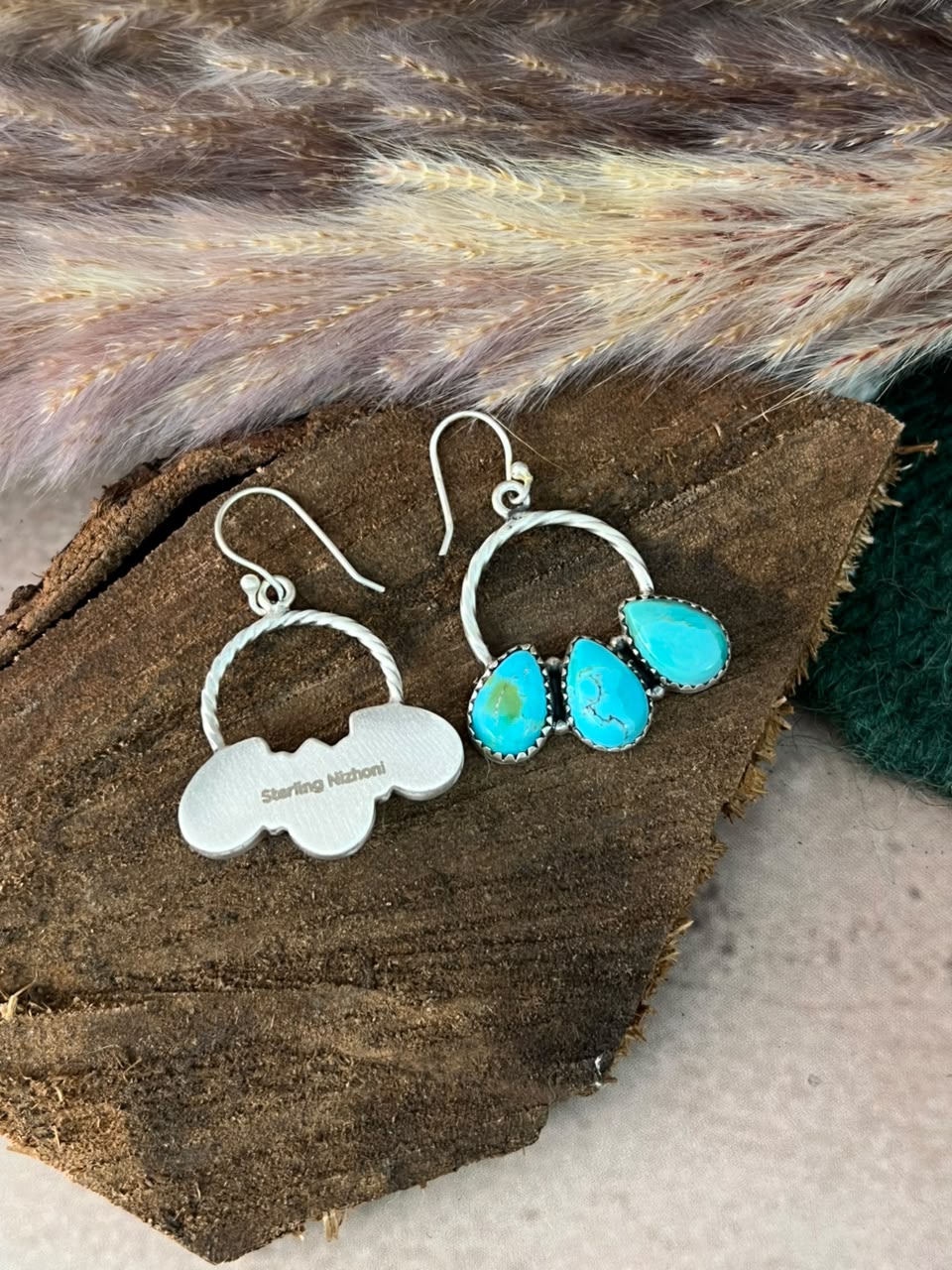 Handmade Sterling Silver Kingman Turquoise Hook Dangle Earrings Signed Nizhoni