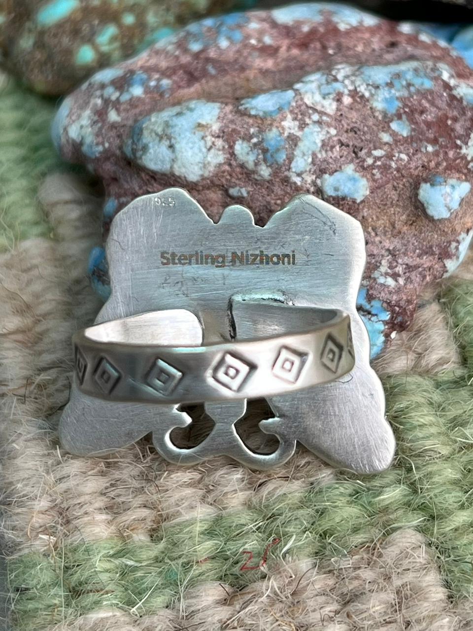Handmade Sterling Silver Kingman Turquoise Butterfly Adjustable Ring "Signed Nizhoni"