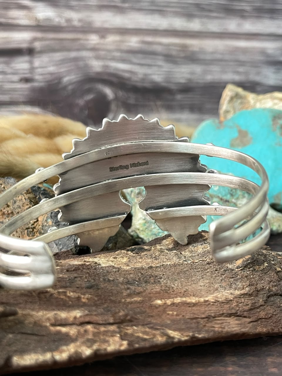 Handmade Sterling Silver Kingman Turquoise Naja Cuff Bracelet Signed Nizhoni (5)