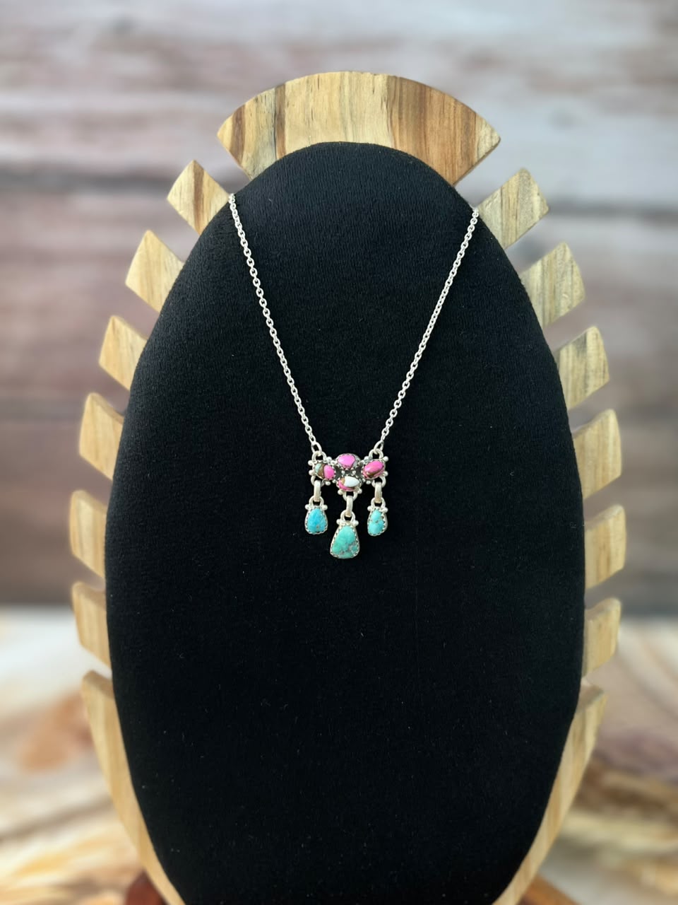 Handmade Sterling Silver White Water Turquoise with Cotton Candy Necklace Signed Nizhoni