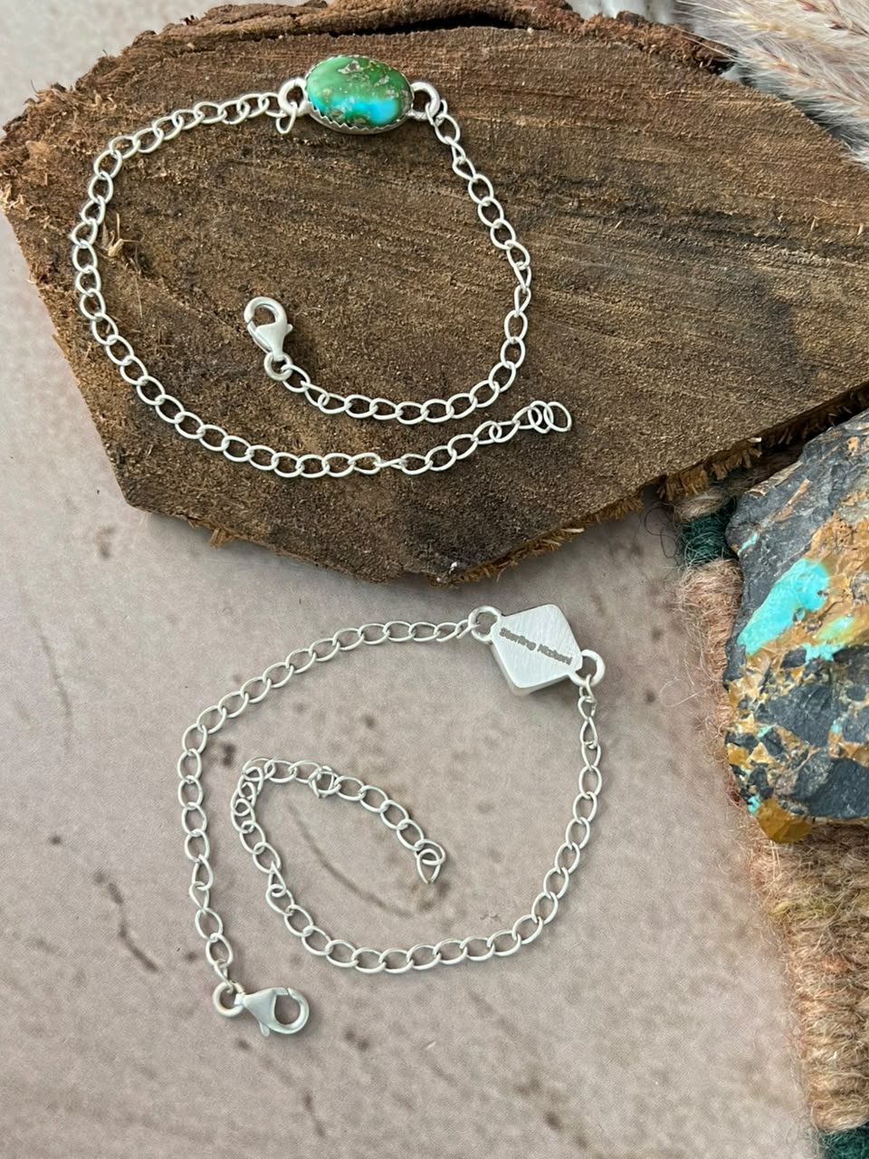 Handmade Sterling Silver Sonoran Mountain and Number 8 Turquoise Chain Bracelet Signed Nizhoni