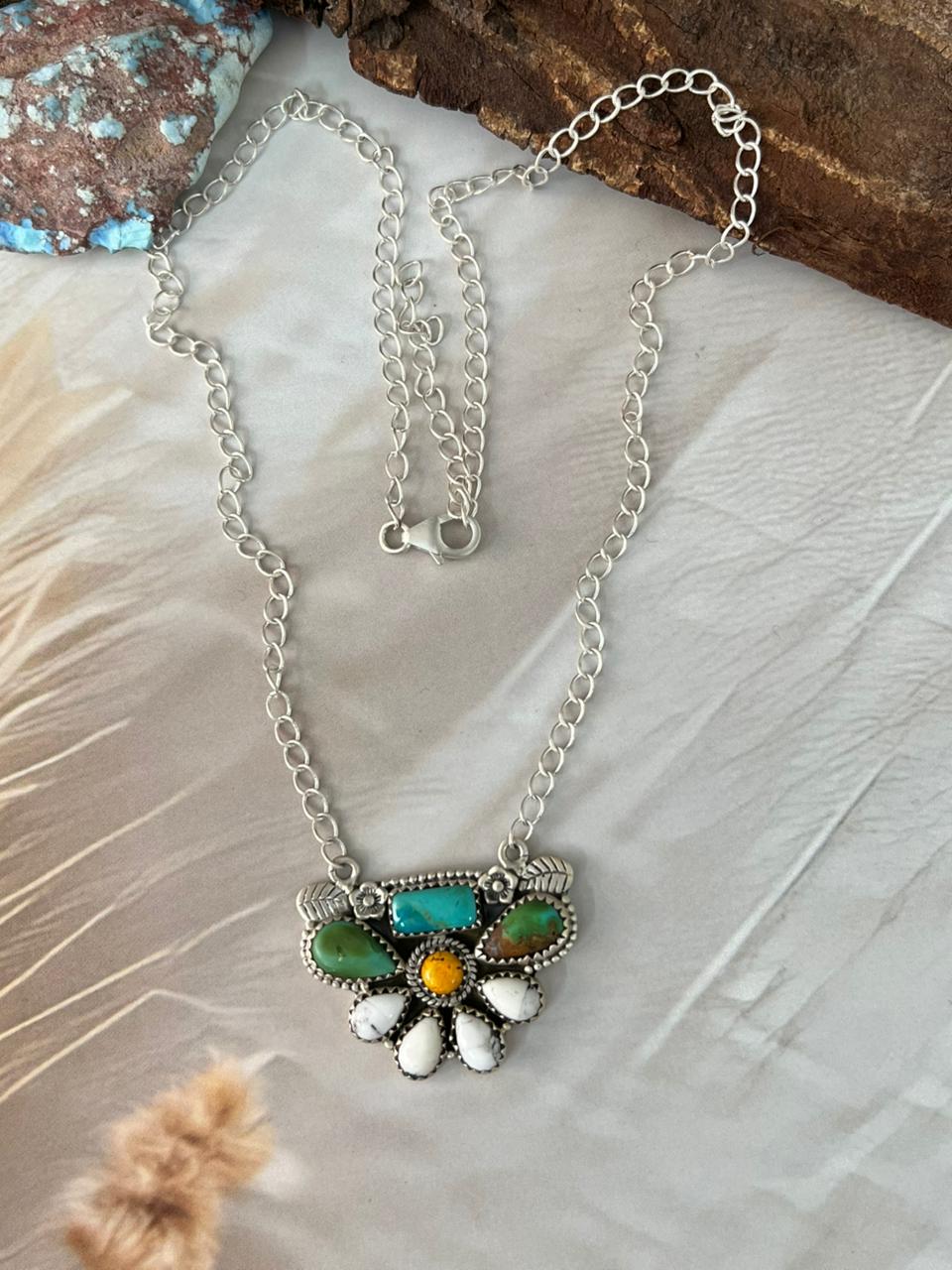 Handmade Sterling Silver Spring Collection: White Buffalo with Bumblebee & Sonoran Mountain Turquoise Necklace "Signed Nizhoni"