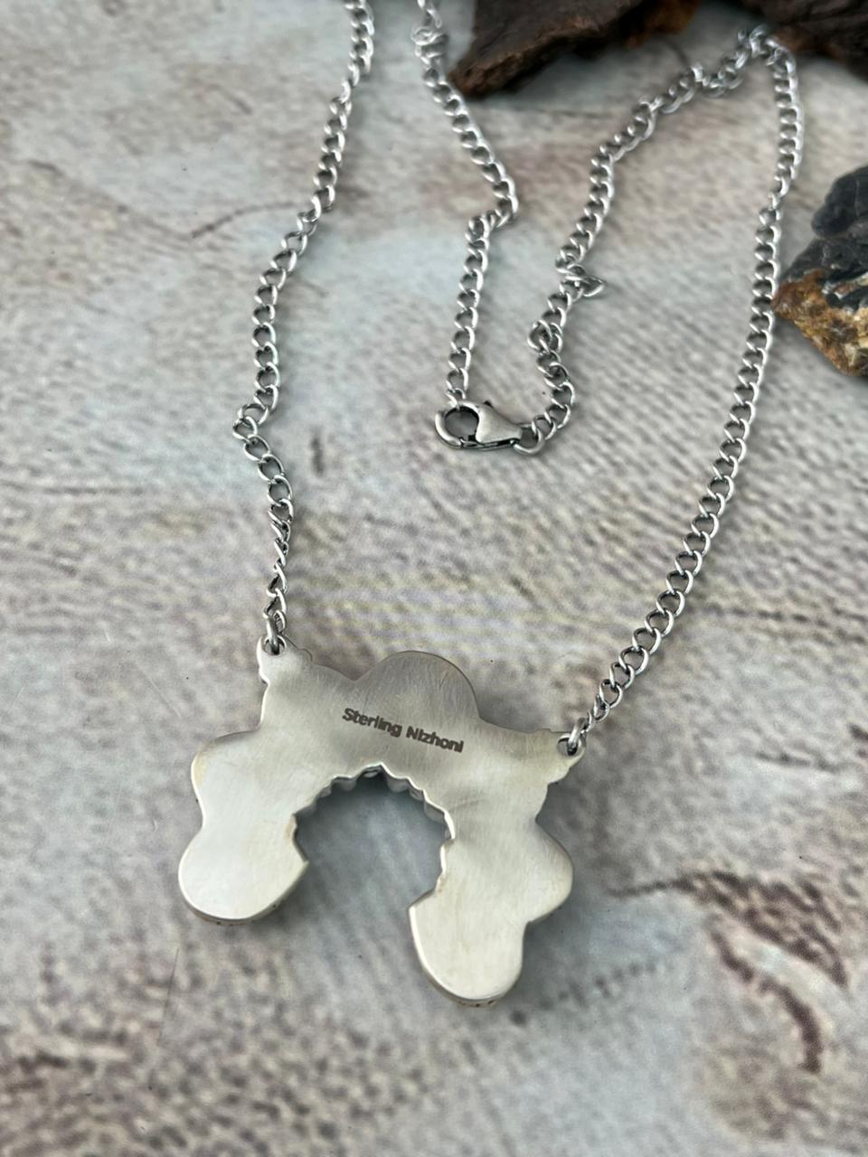 Handmade Sterling Silver Blackjack Turquoise Naja Necklace "Signed Nizhoni"