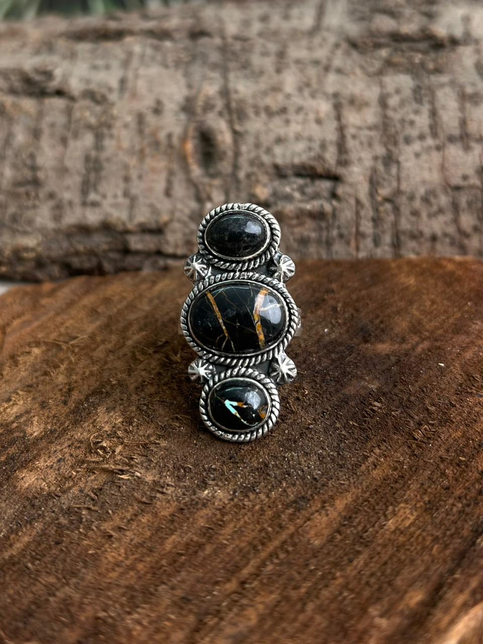 Handmade Sterling Silver Blackjack Turquoise Adjustable Ring "Signed Nizhoni"