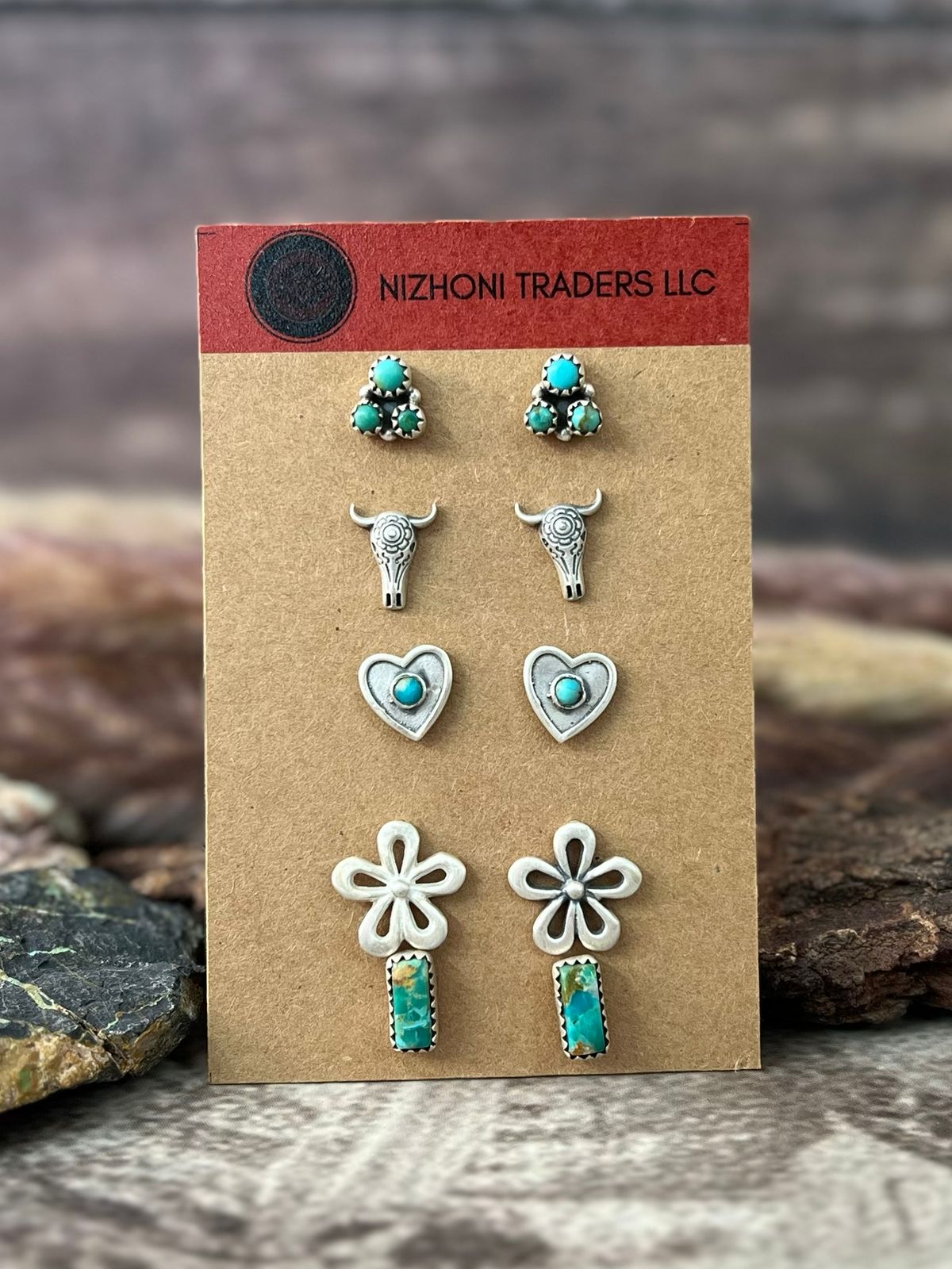 Handmade Sterling Silver Kingman Turquoise Post Earrings Card