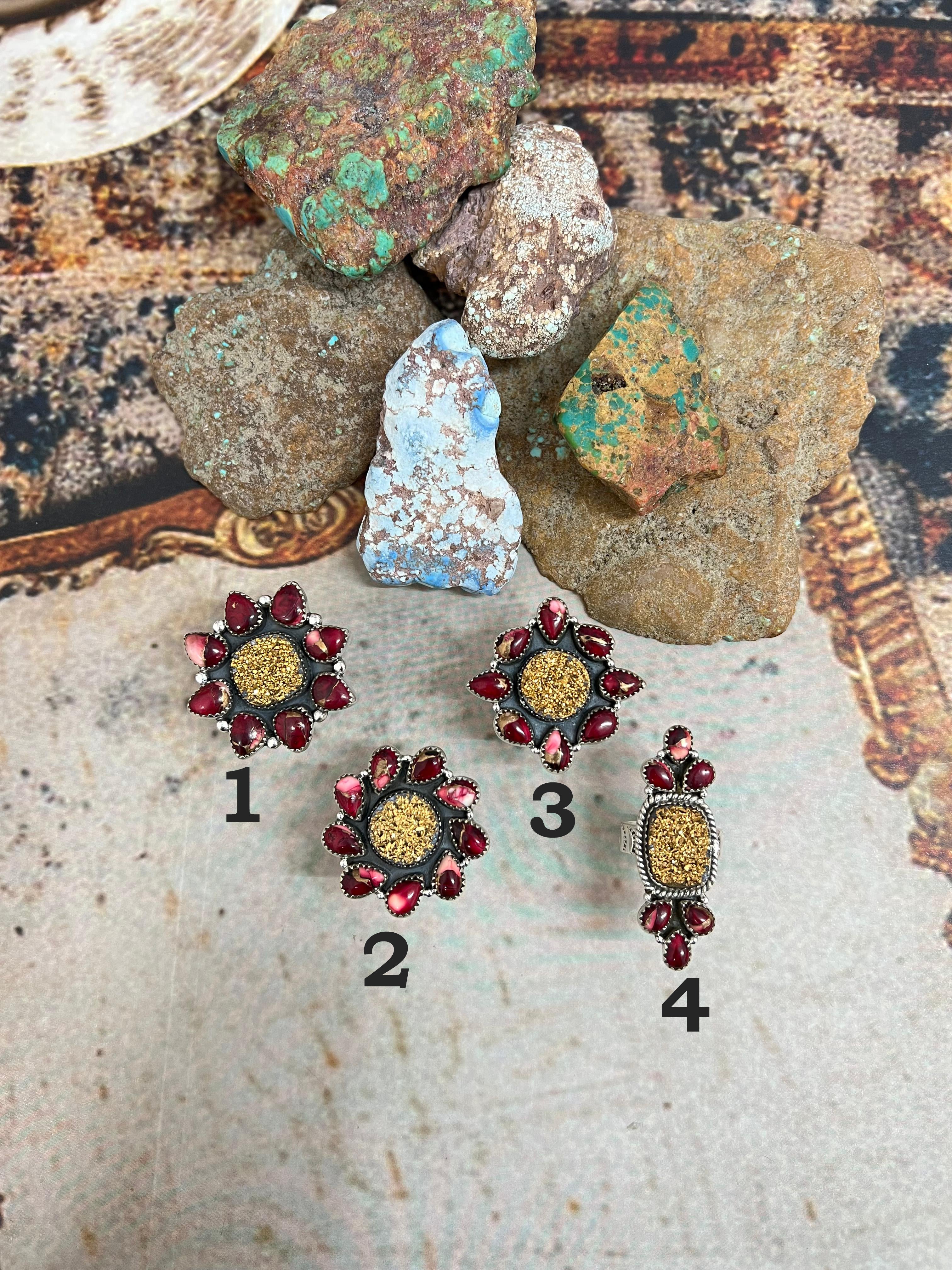 Handmade Sterling Silver Dahlia Rose with Druzy Adjustable Ring, Signed Nizhoni (8)