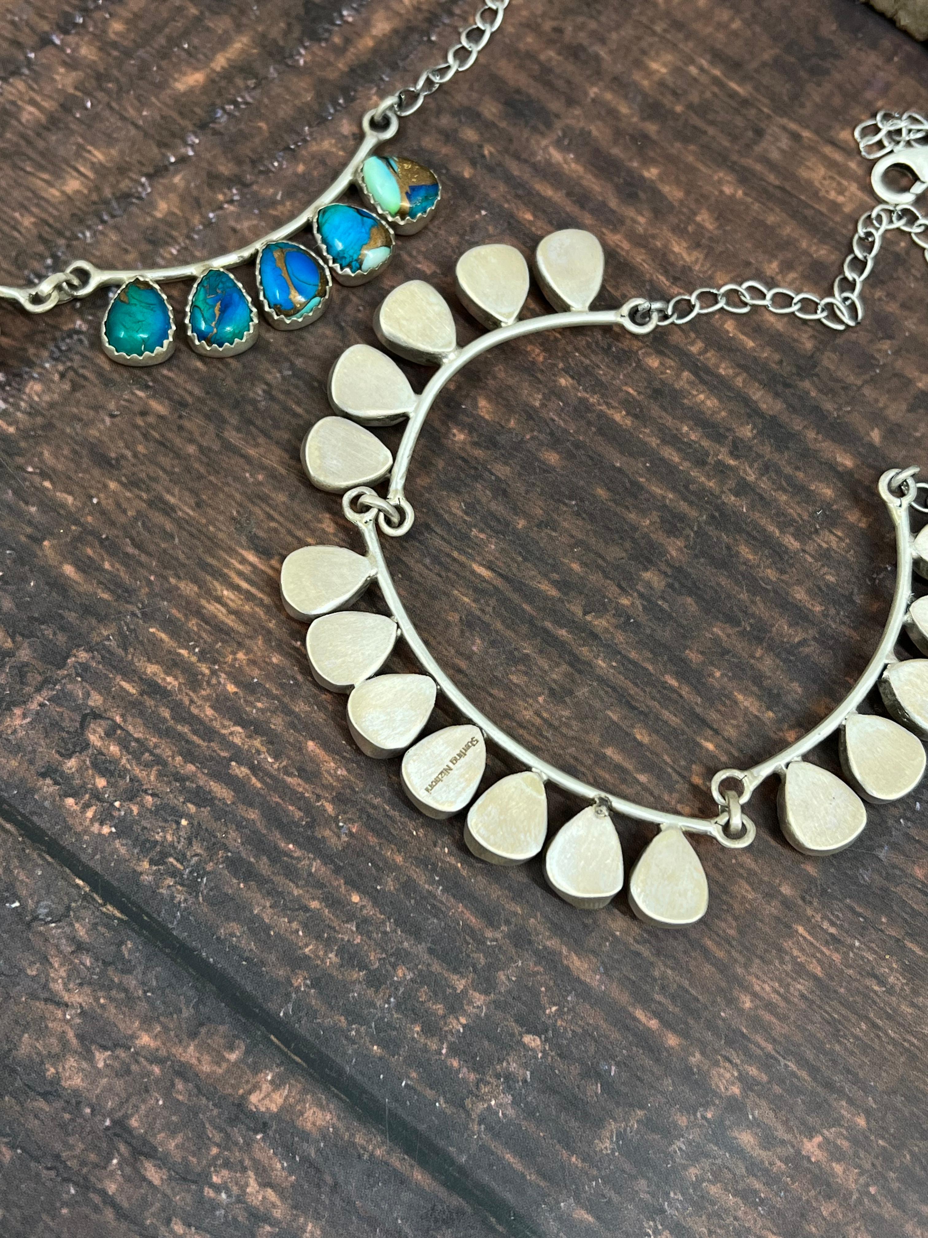 Handmade Sterling Silver Peacock Dahlia, Cotton Candy Turquoise Necklace with Signed Nizhoni