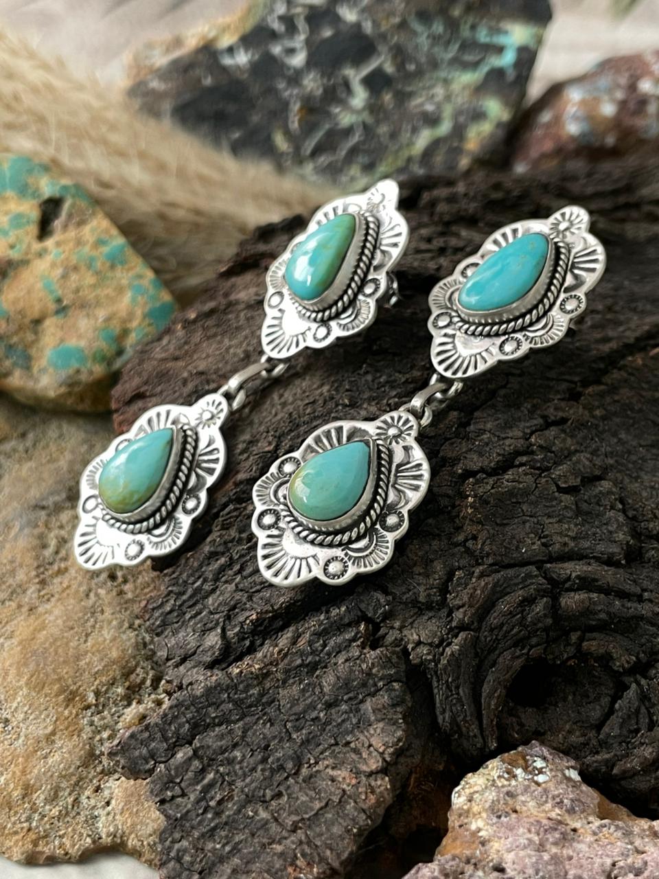 Handmade Sterling Silver Santa Maria Turquoise Post Dangle Earrings "Signed Nizhoni"
