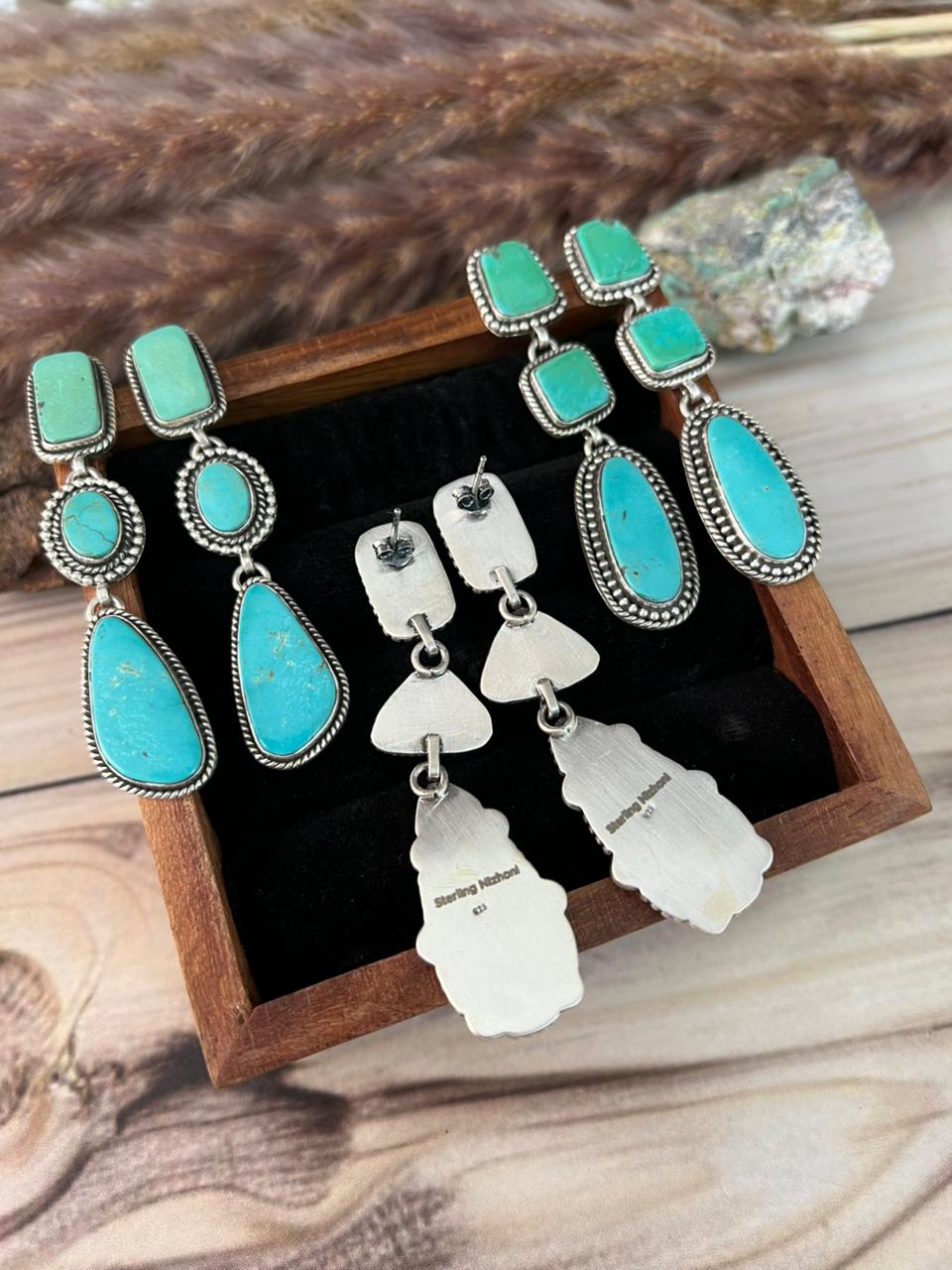 Handmade Sterling Silver Green Kingman Turquoise Collection: Post Dangle Earrings Signed Nizhoni