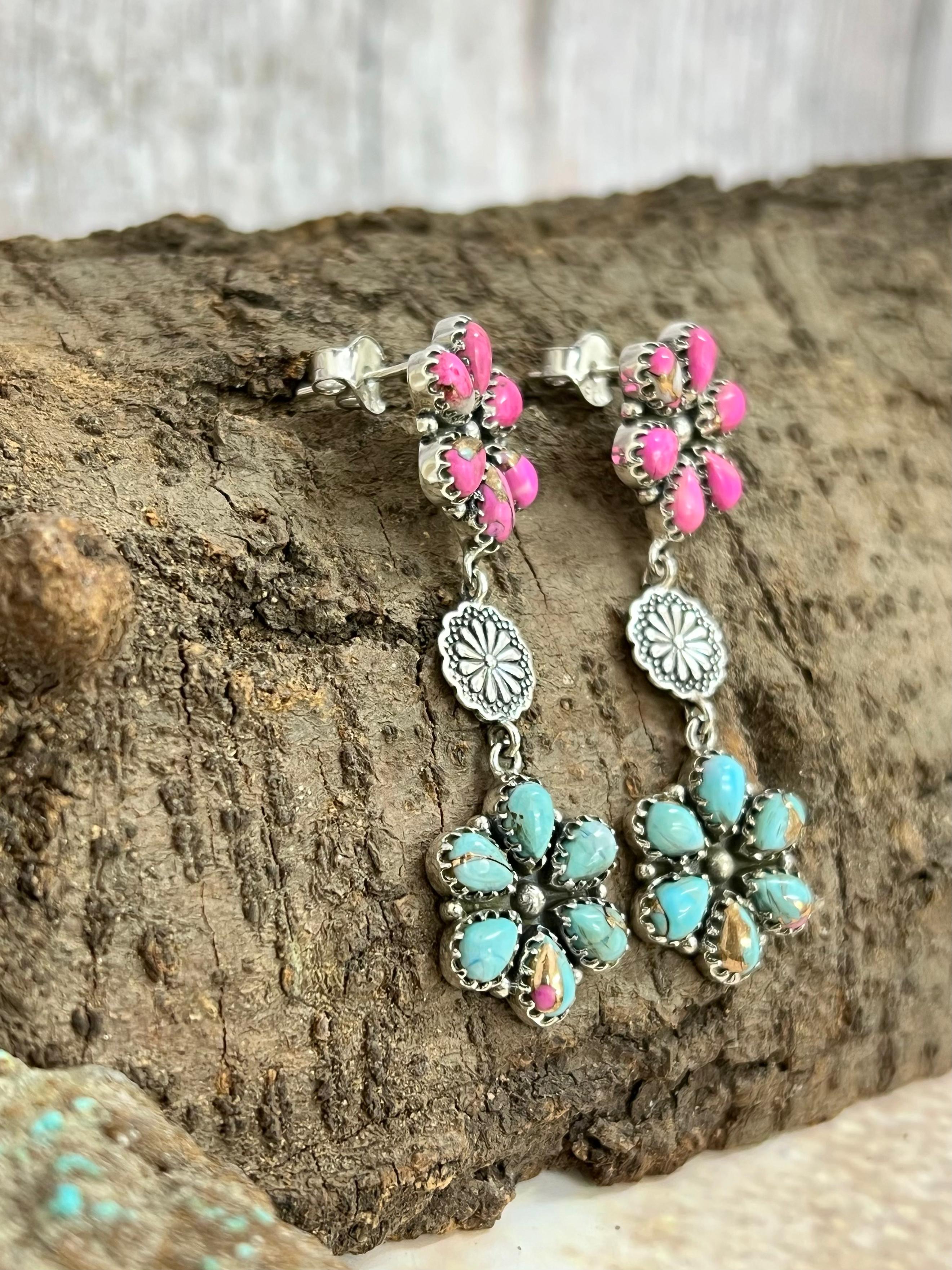 Handmade Sterling Silver Cotton Candy Turquoise Post Earrings with Signed Nizhoni