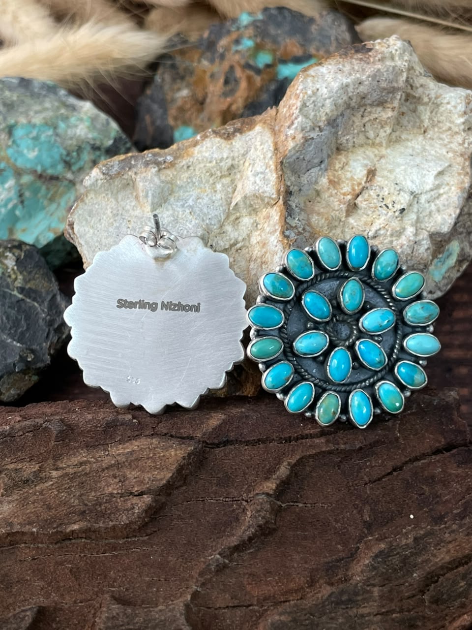 Handmade Sterling Silver Kingman Turquoise Post Studs Earrings Signed Nizhoni