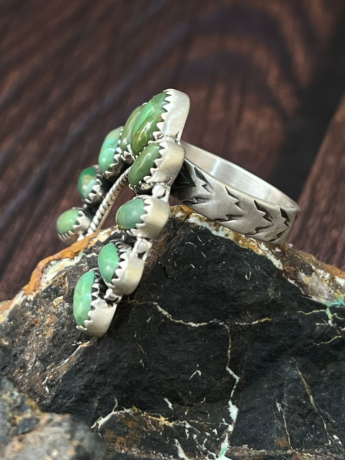Handmade Sterling Silver Kingman Turquoise Naja Adjustable Ring "Singed Nizhoni"