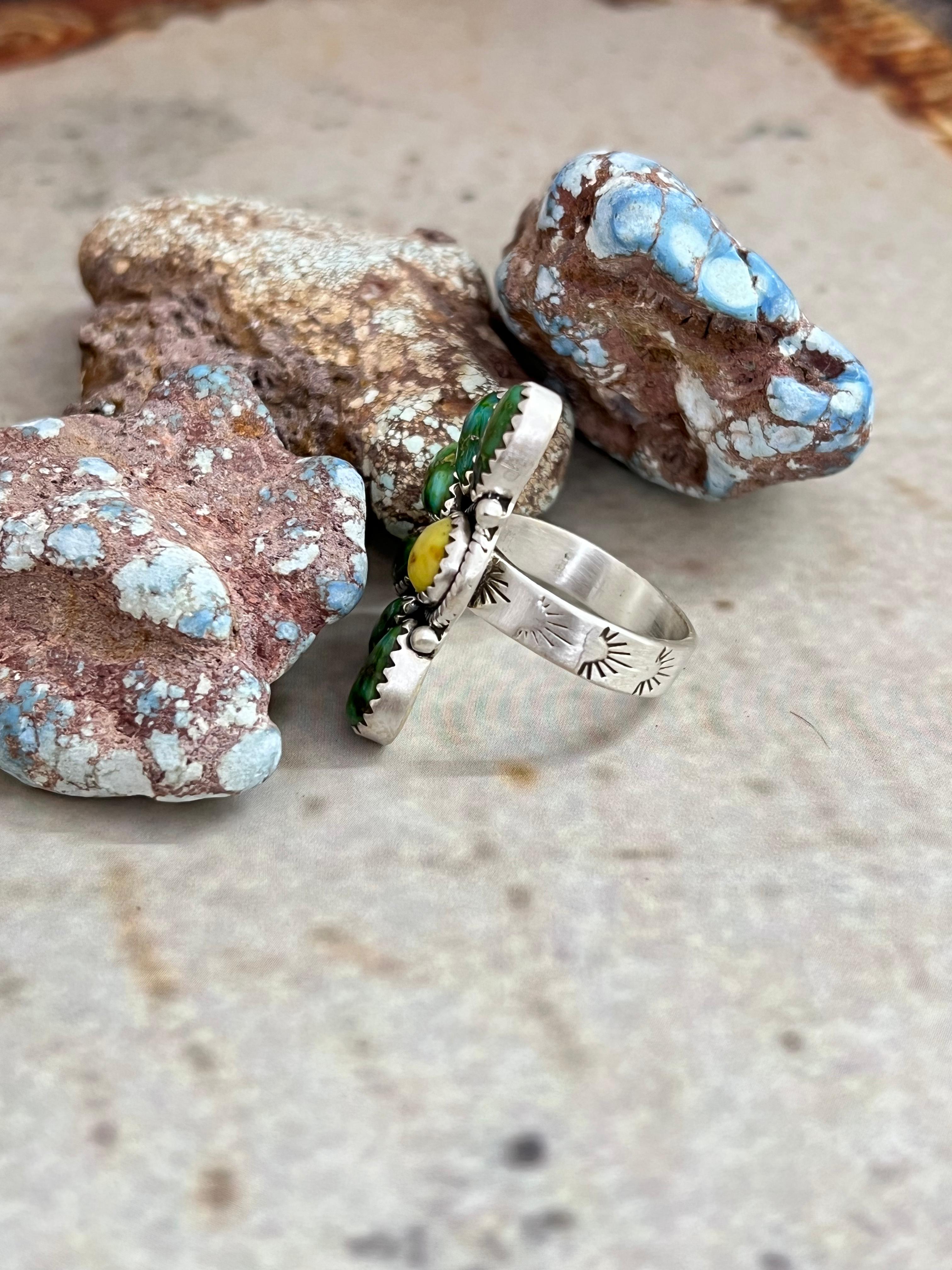Handmade Sterling Silver Sonoran Mountain Turquoise with Palomino Turquoise Adjustable Ring, Signed Nizhoni (5)
