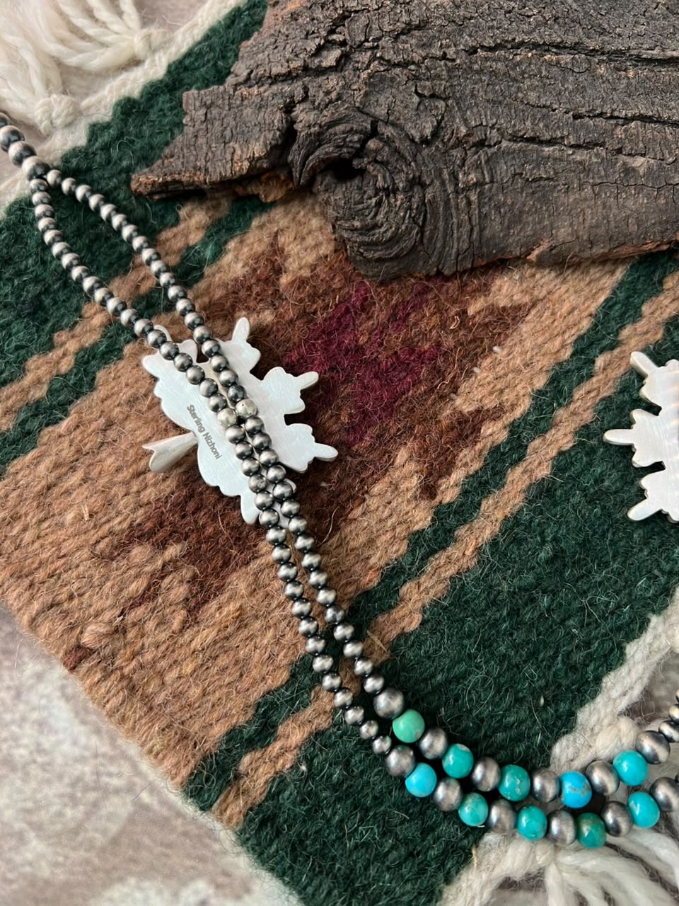Handmade Sterling Silver Mojave with Kingman Turquoise Squash Blossom Beaded Necklace Signed Nizhoni
