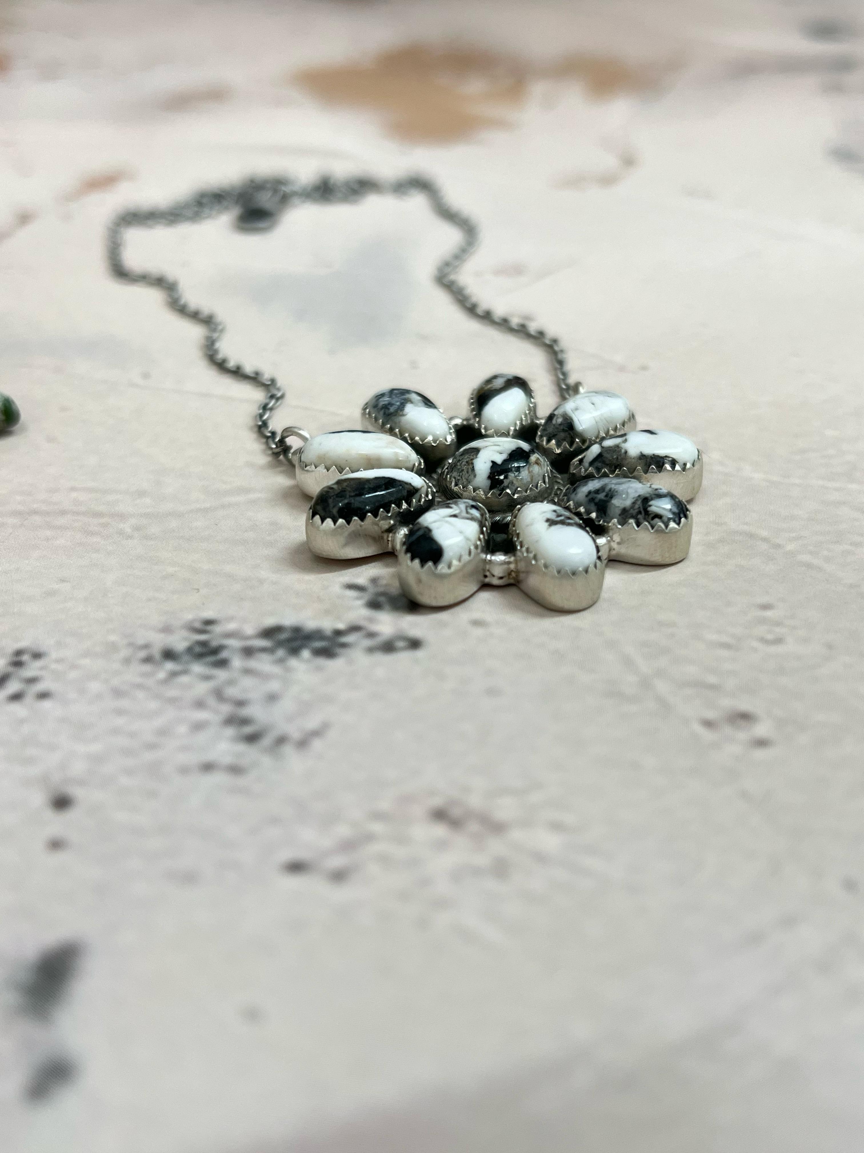 Handmade Sterling Silver White Buffalo Turquoise Flower Necklace with Signed Nizhoni