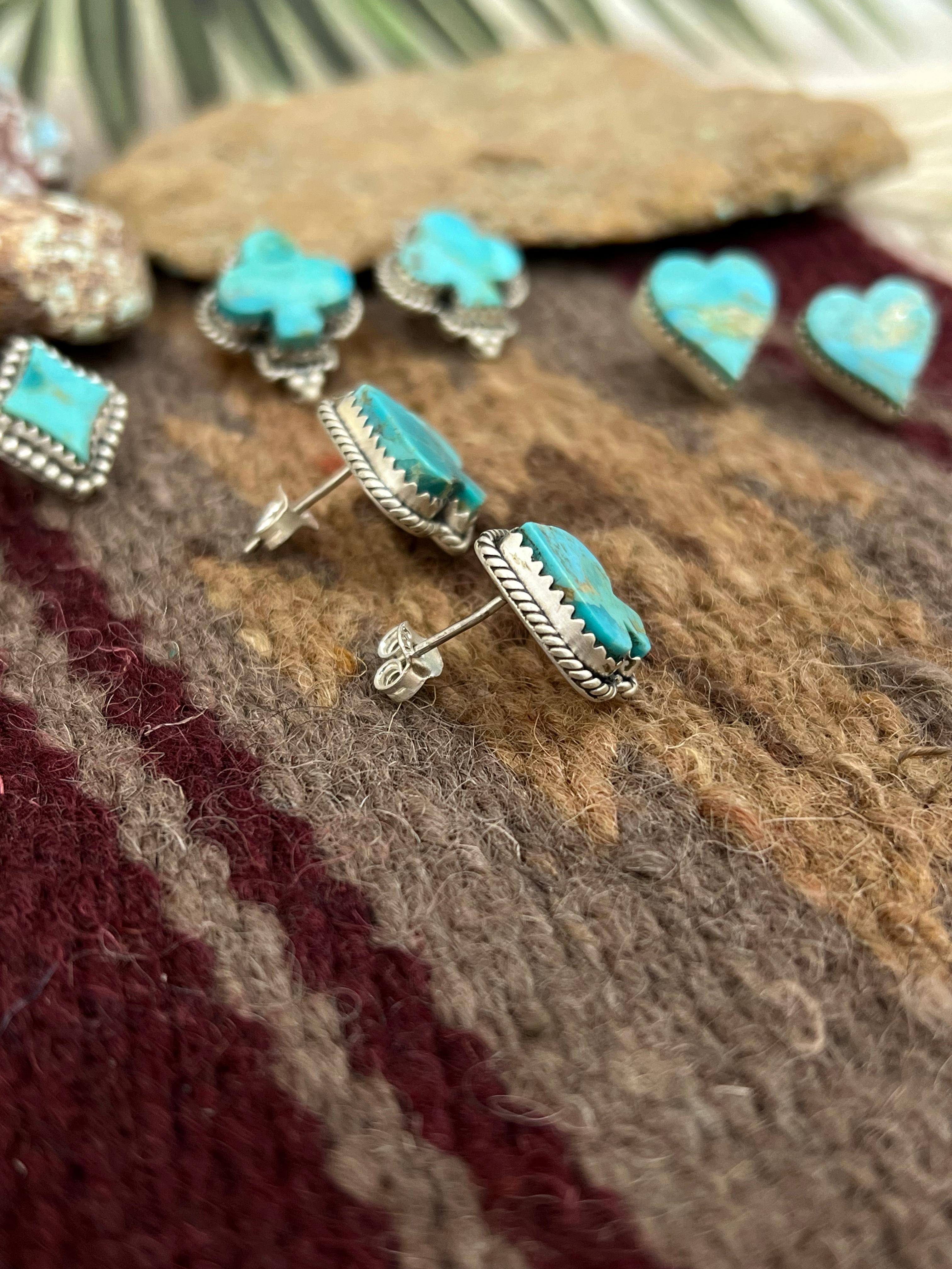 Handmade Sterling Silver Kingman Turquoise Post Studs with Signed Nizhoni