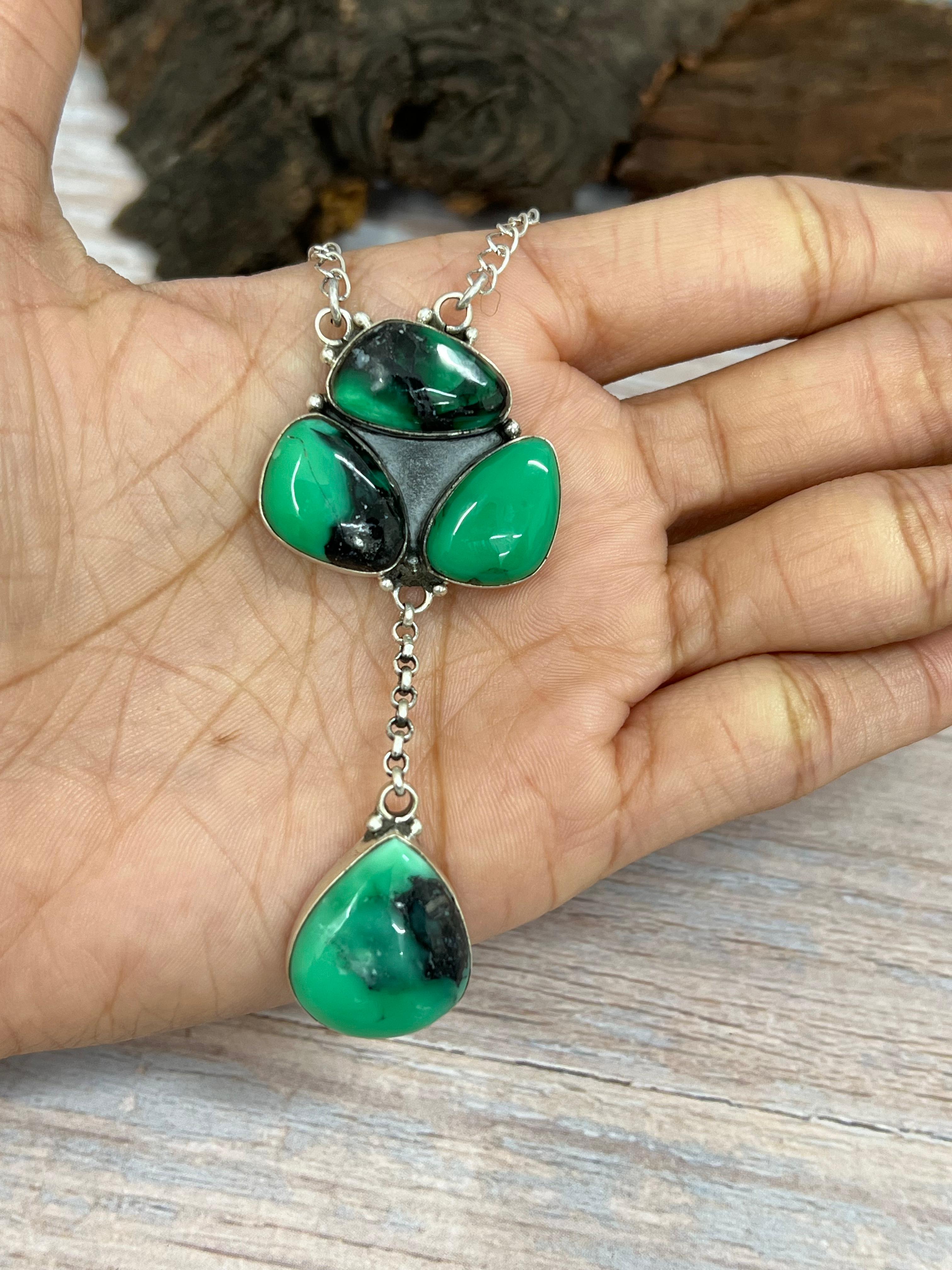 Handmade Sterling Silver Emerald Rose Necklace with Signed Nizhoni