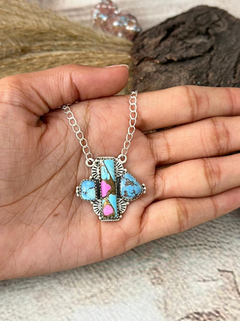 Handmade Sterling Silver Golden Hills with Cotton Candy Necklace "Signed Nizhoni"