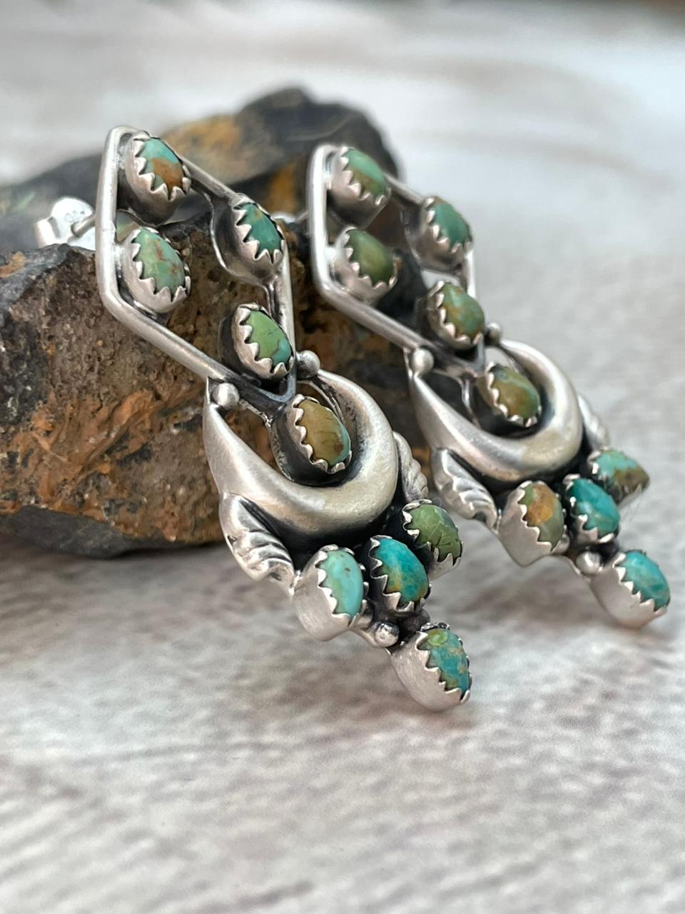 Handmade Sterling Silver Kingman Turquoise Post Dangle Earrings "Signed Nizhoni"