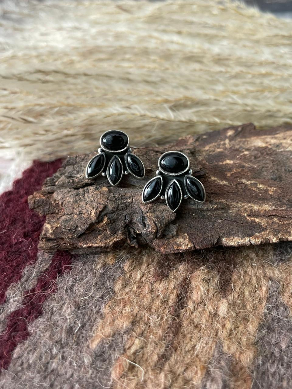 Handmade Sterling Silver Black Onyx Post Studs Earrings "Signed Nizhoni"