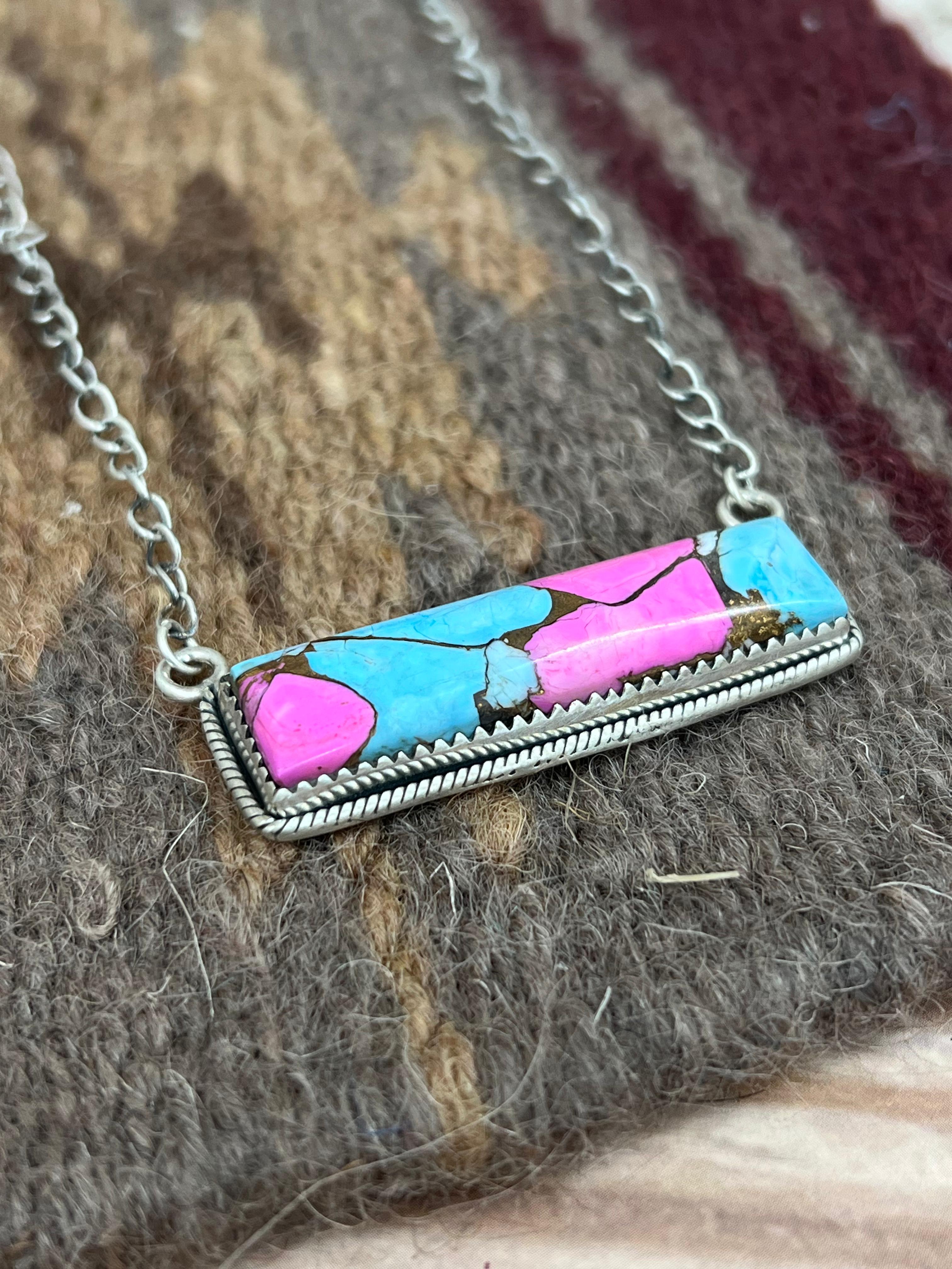 Handmade Sterling Silver Cotton Candy Turquoise Necklace with Signed Nizhoni