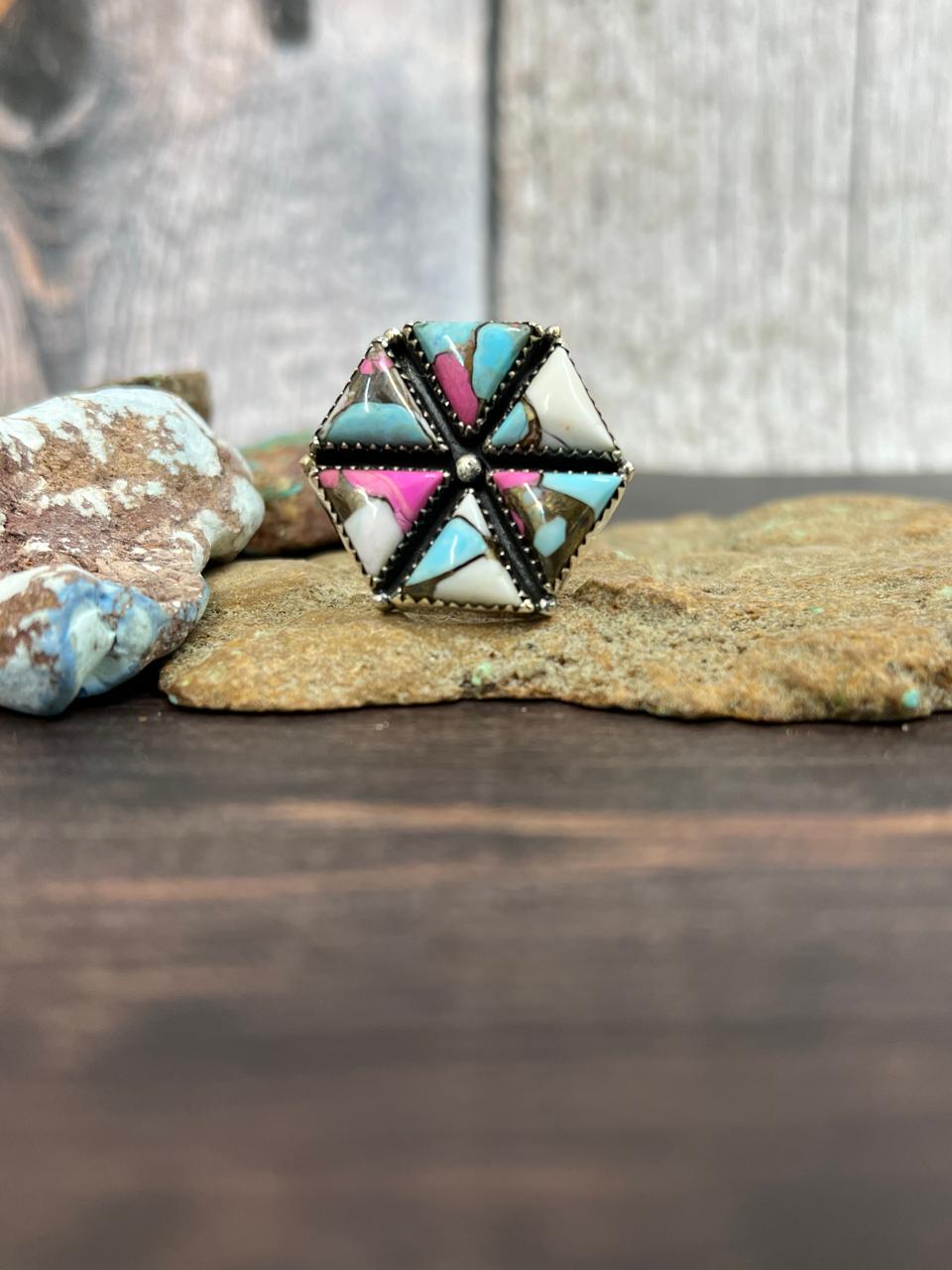 Handmade Sterling Silver Cotton Candy Turquoise Adjustable Ring with Signed Nizhoni