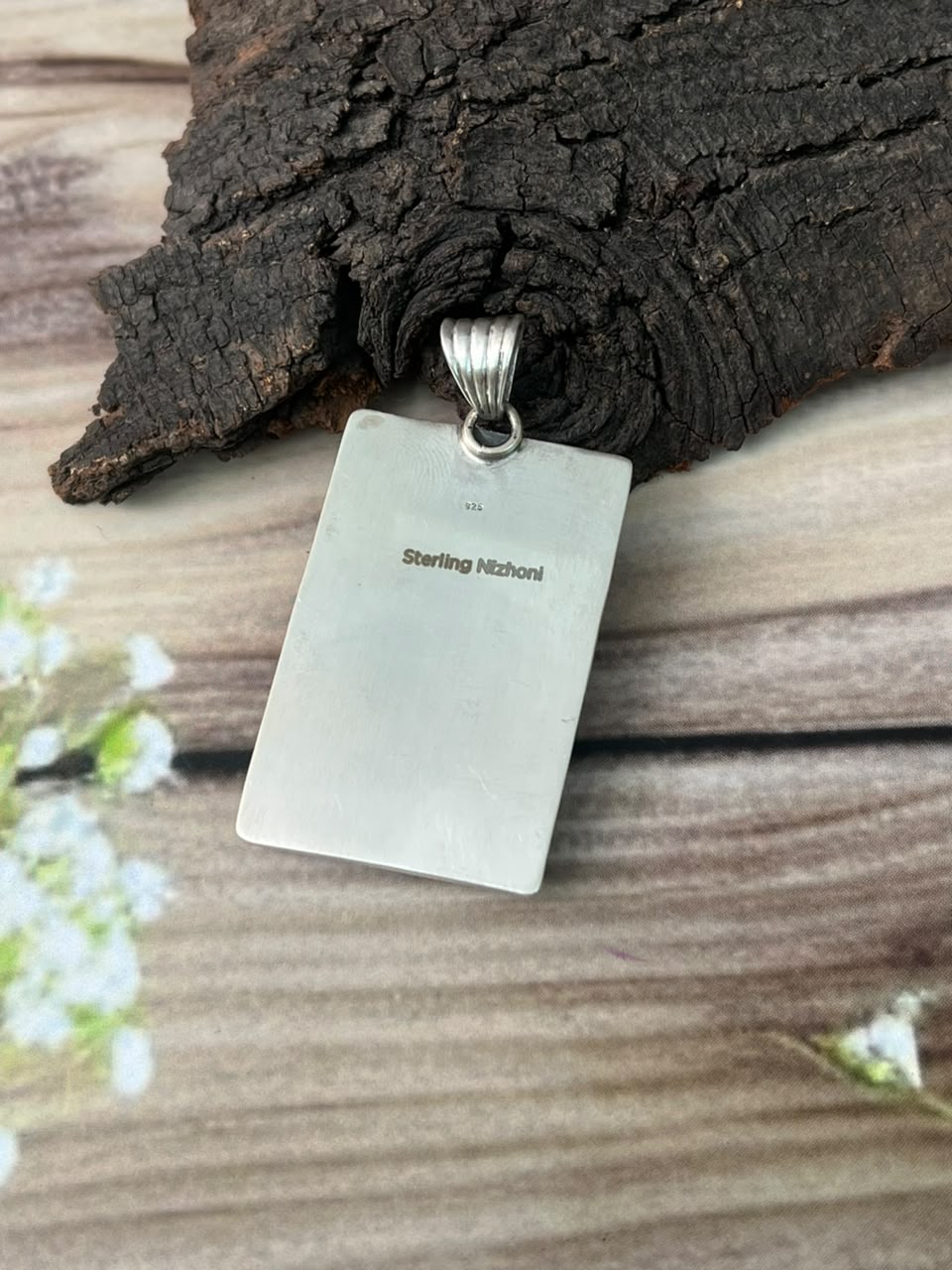 Handmade Sterling Silver Gem Silica Collection: Bar Pendant Signed Nizhoni