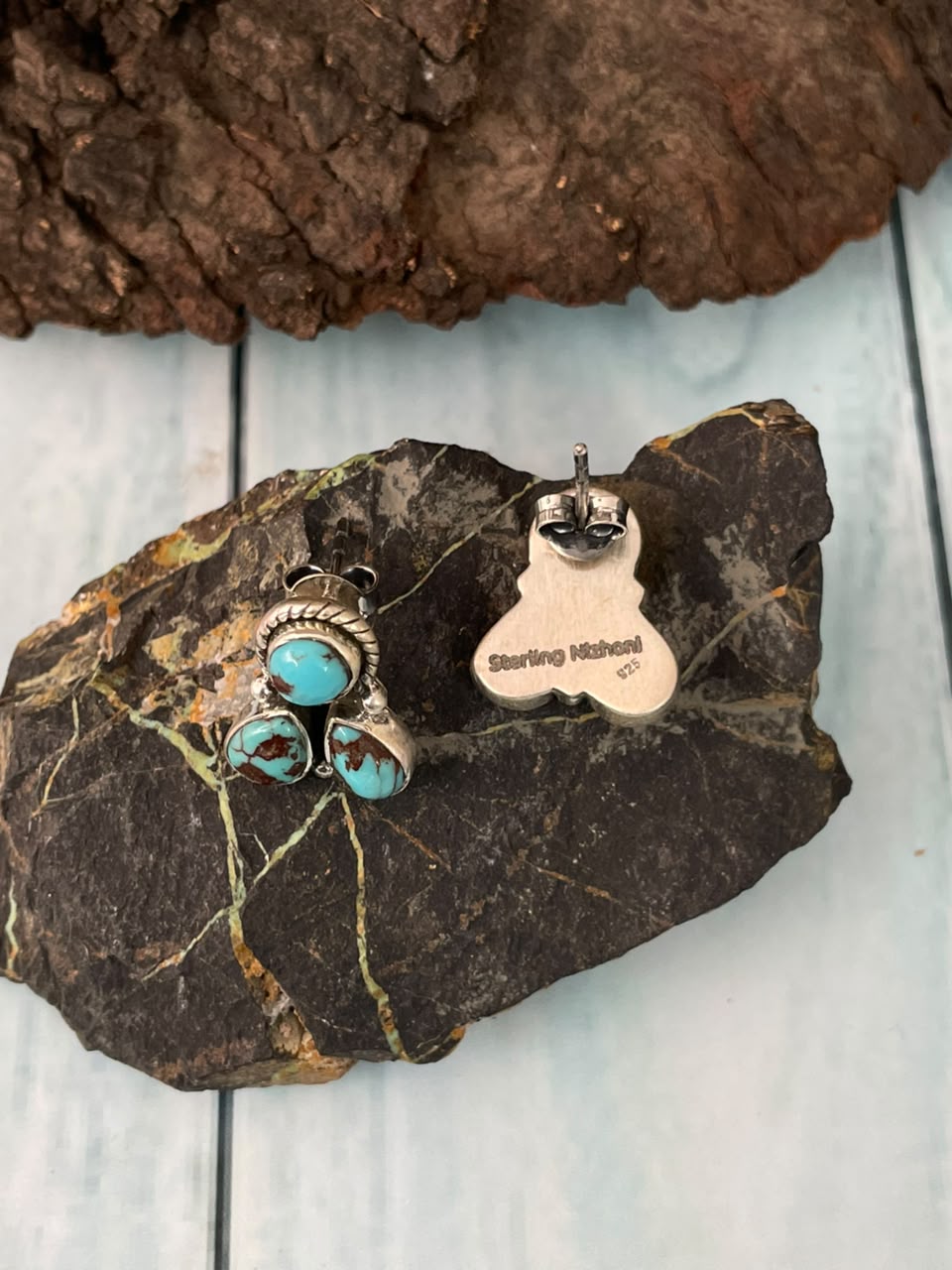 Handmade Sterling Silver Egyptian Turquoise Collection: Post Studs Earrings Signed Nizhoni