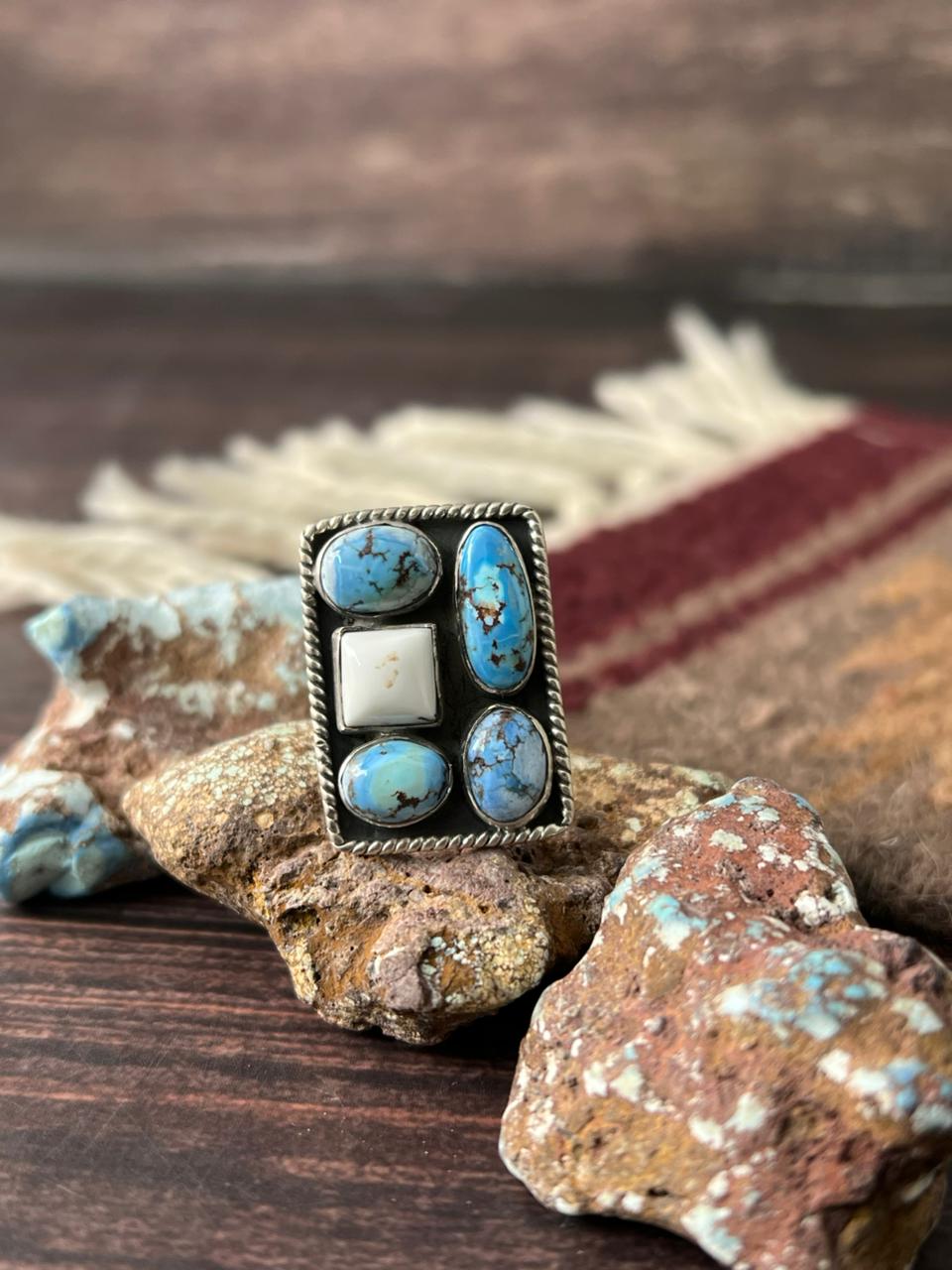 Handmade Sterling Silver Golden Hills with White Collection Adjustable Ring "Signed Nizhoni"