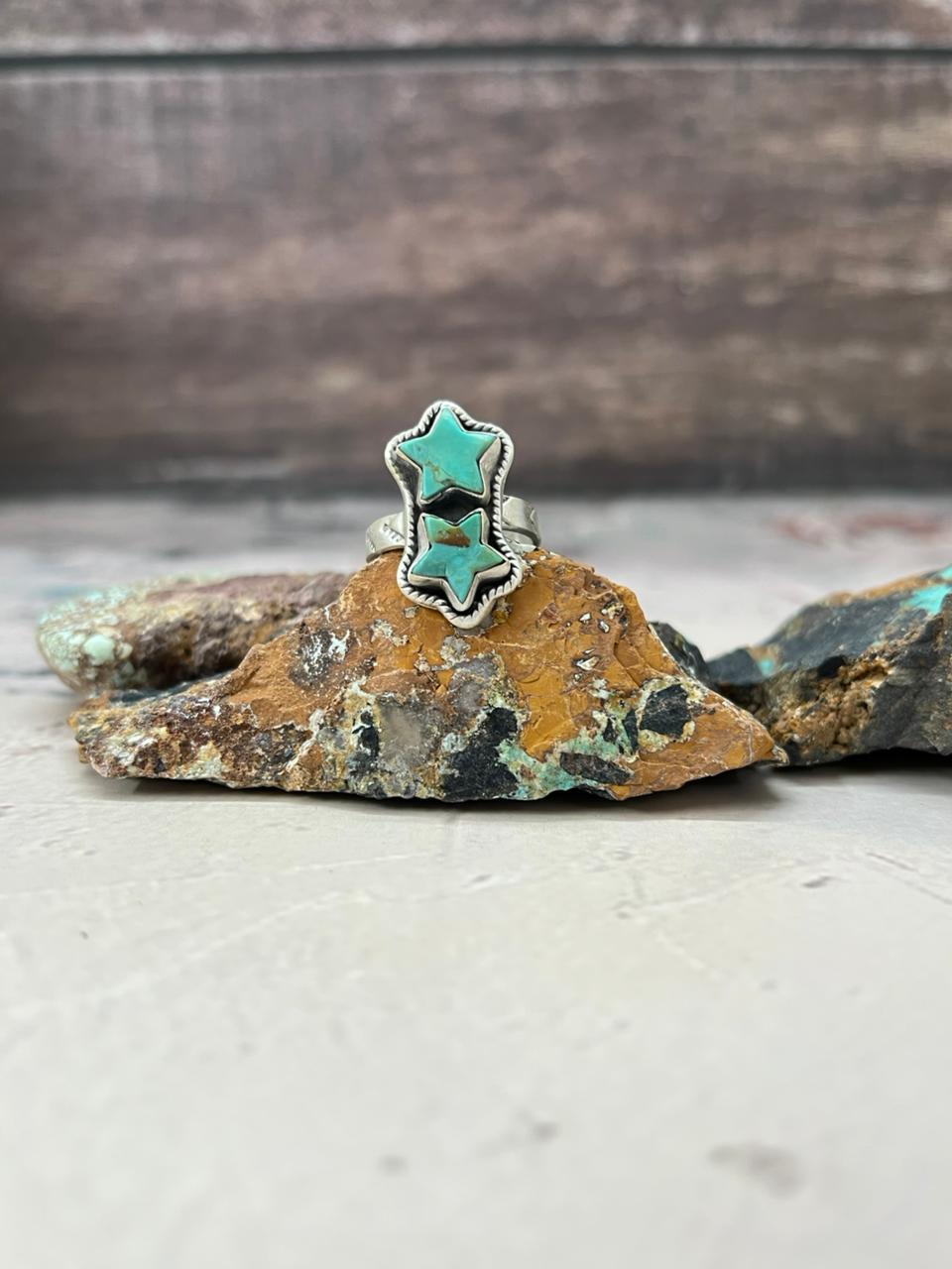 Handmade Sterling Silver Kingman Turquoise Star Adjustable Ring "Signed Nizhoni" (3)