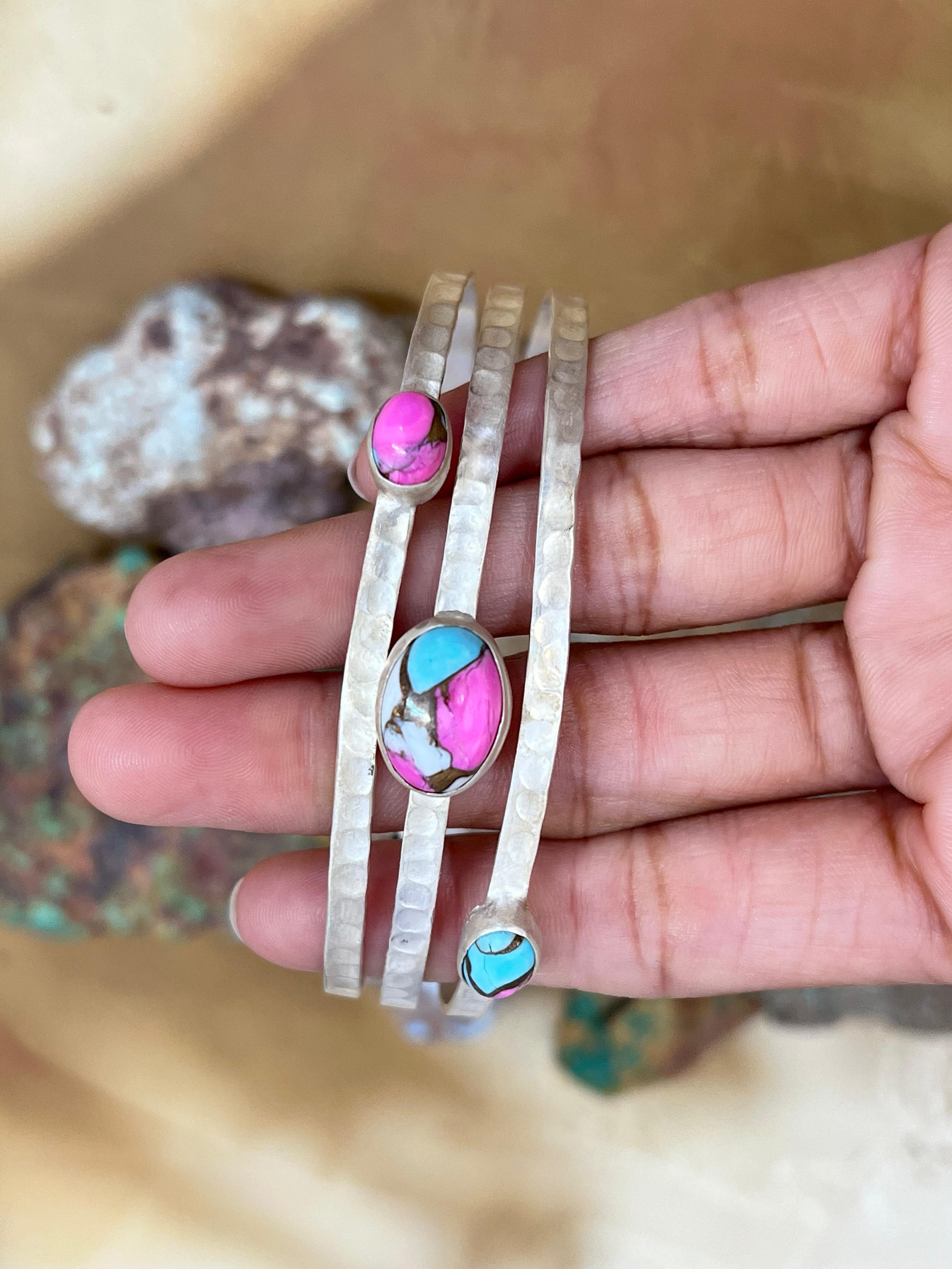 Handmade Sterling Silver Cotton Candy Turquoise Bracelet with Signed Nizhoni