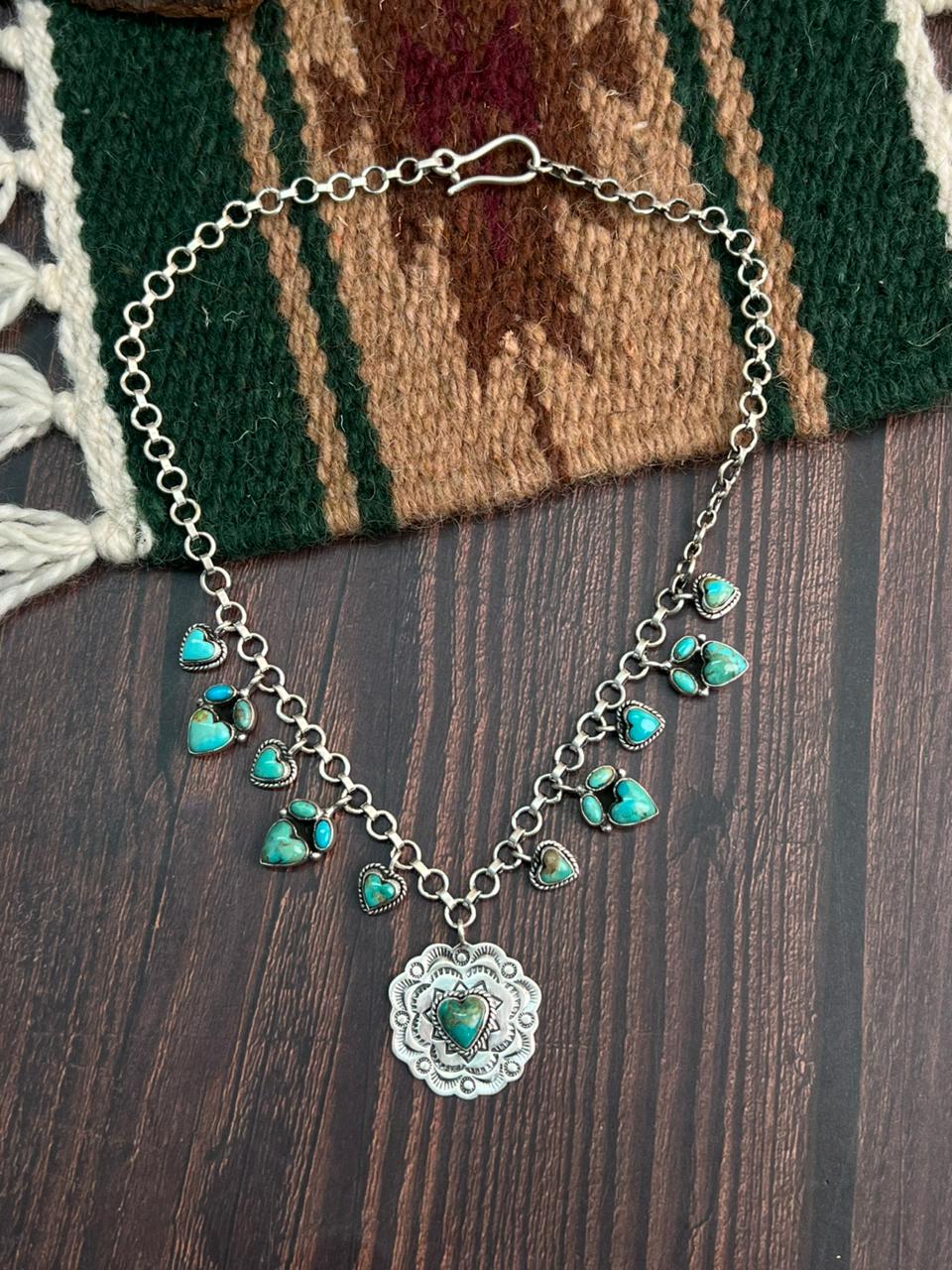 "Heart Collection" Handmade Sterling Silver Kingman Turquoise Necklace "Signed Nizhoni"