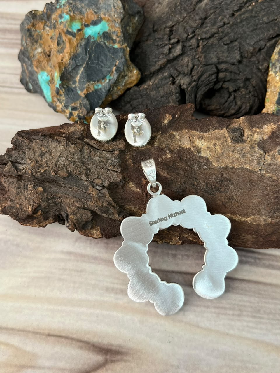 Handmade Sterling Silver Cotton Candy Earrings and Naja Pendant Set Signed Nizhoni