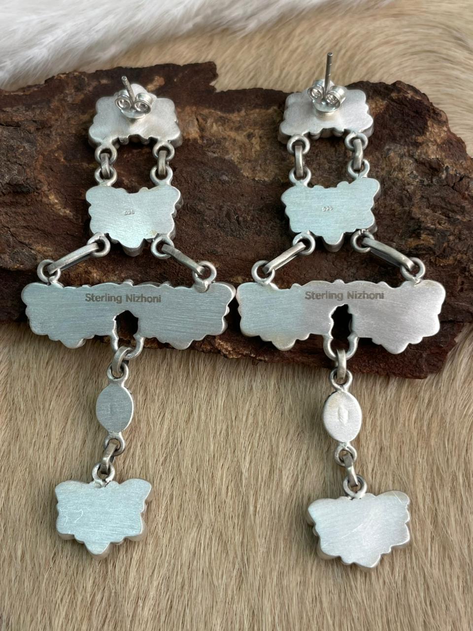 Handmade Sterling Silver Kingman Turquoise Post Dangle Earrings "Signed Nizhoni"
