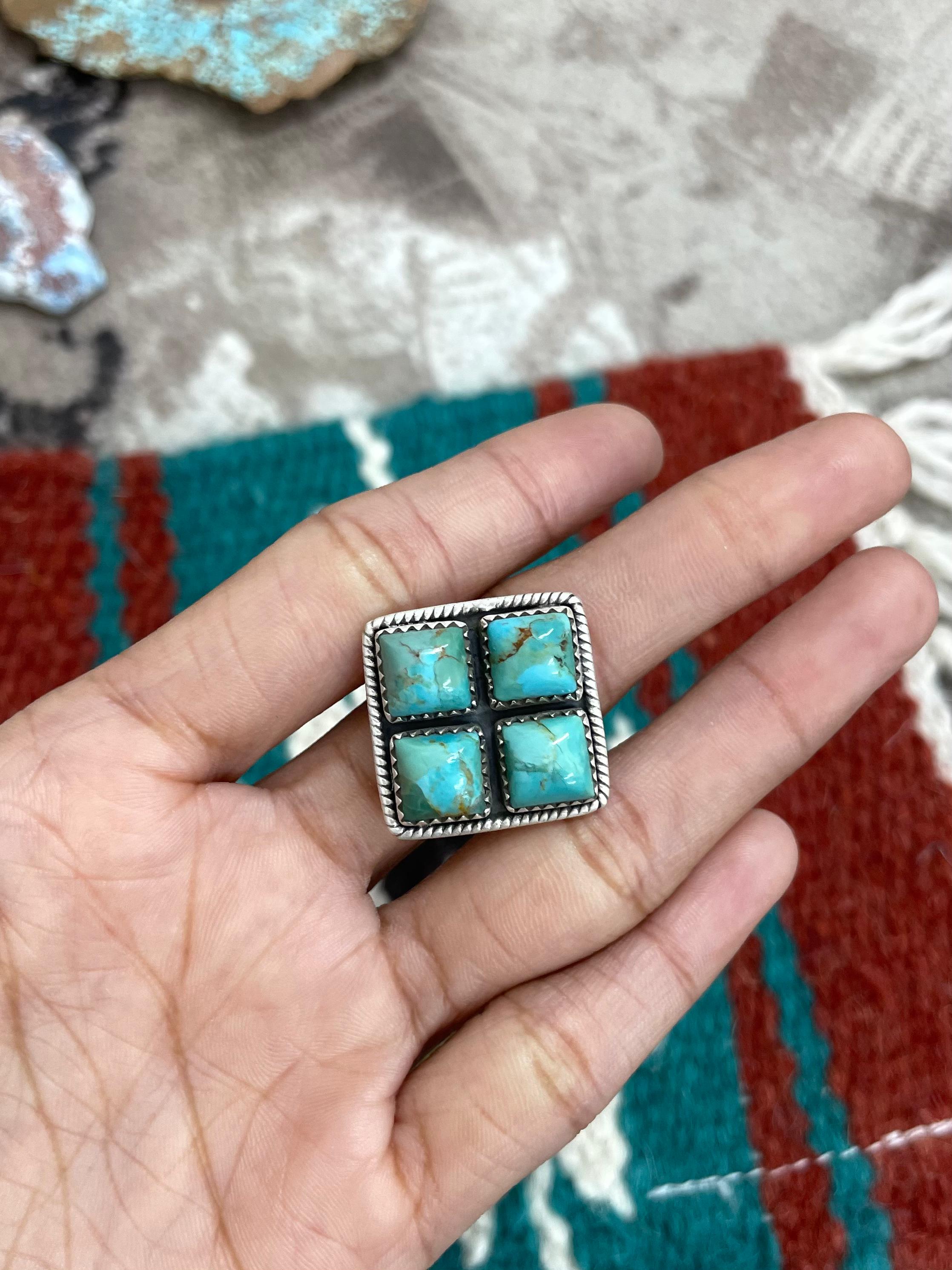 Handmade Sterling Silver Kingman Turquoise Adjustable Ring with Signed Nizhoni